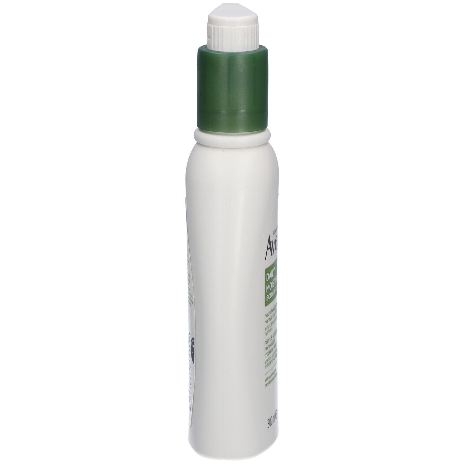 Weiße Flasche mit grünem Deckel. Seitenansicht. Aufschrift: Aveeno Daily Moisturising Body Lotion. 300 ml.