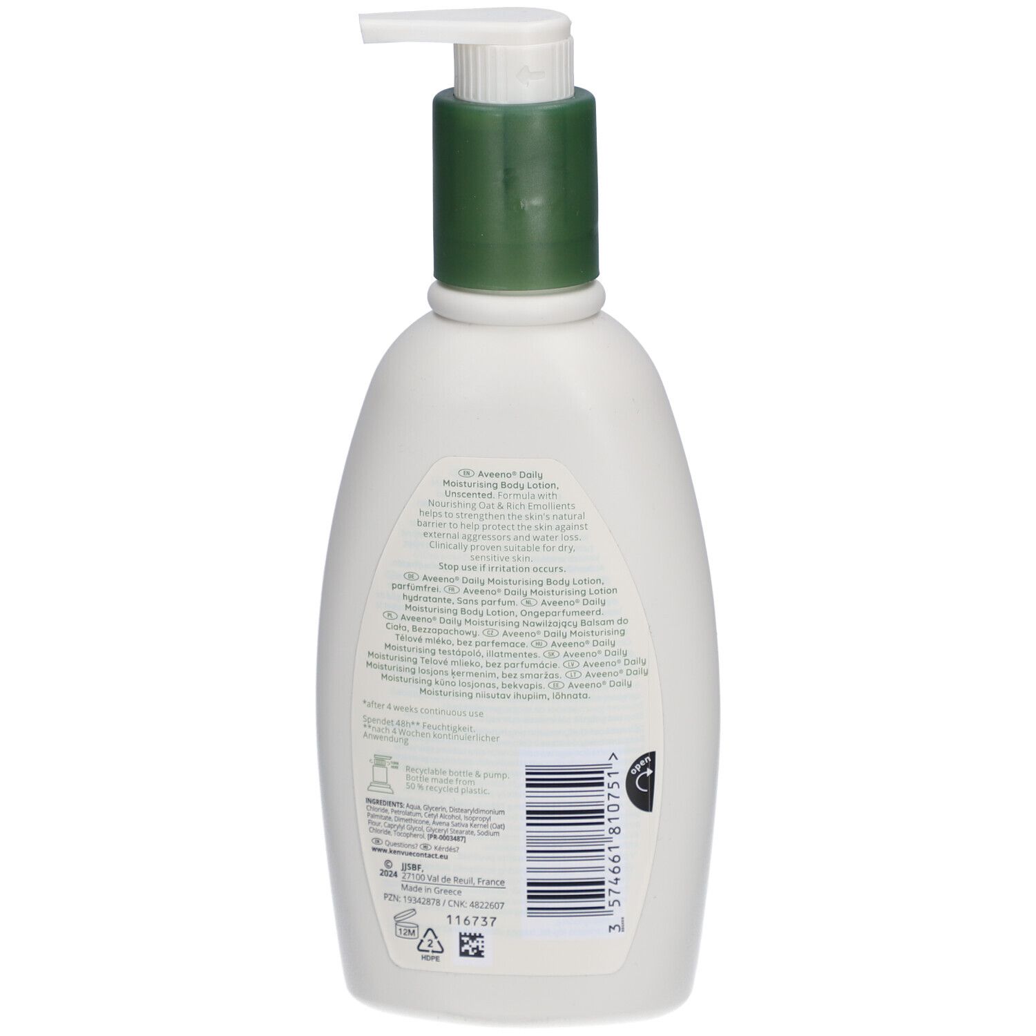 Rückseite der weißen Flasche. Aufschrift: Aveeno Daily Moisturising Body Lotion. Barcode und weitere Informationen.