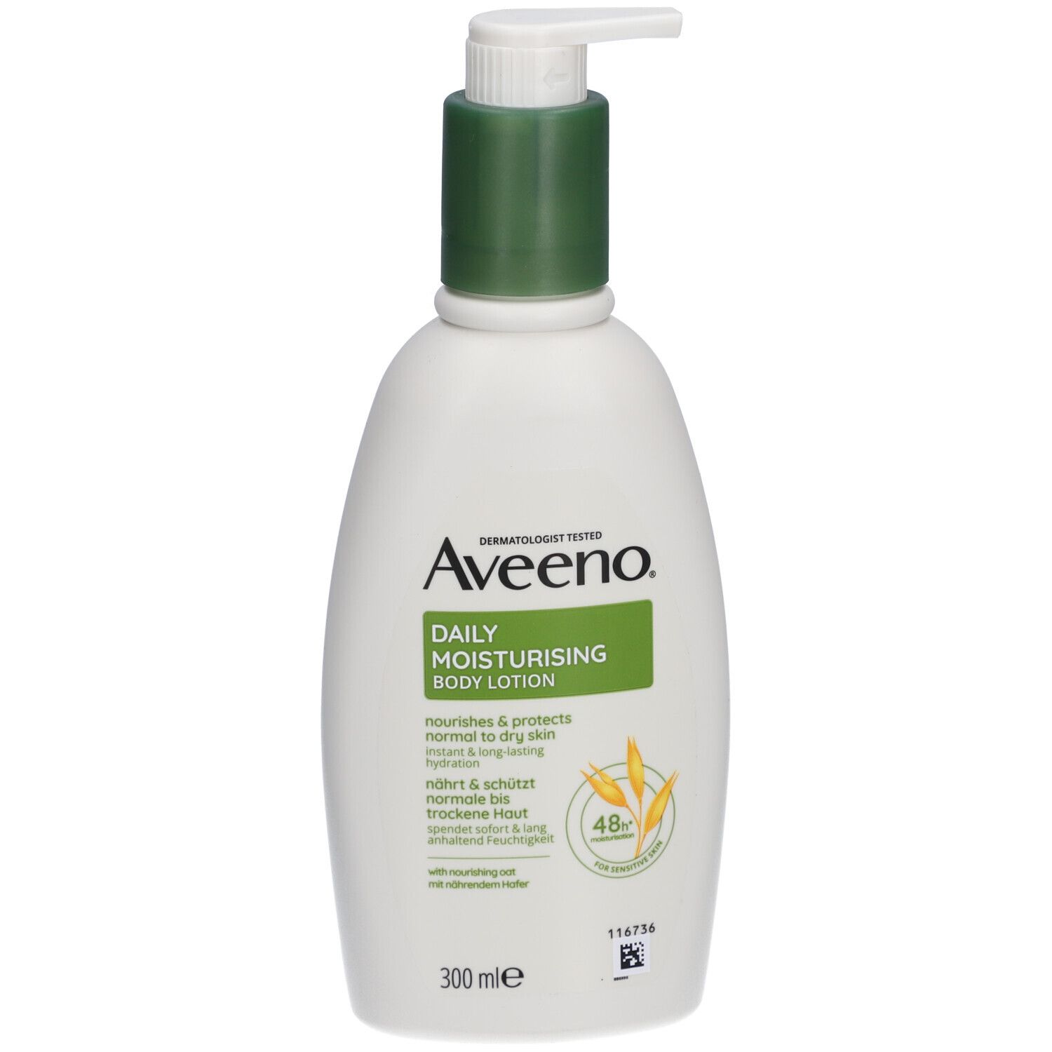 Weiße Flasche mit grünem Deckel und Pumpe. Aufschrift: Aveeno Daily Moisturising Body Lotion. Enthält Hafer. 300 ml.