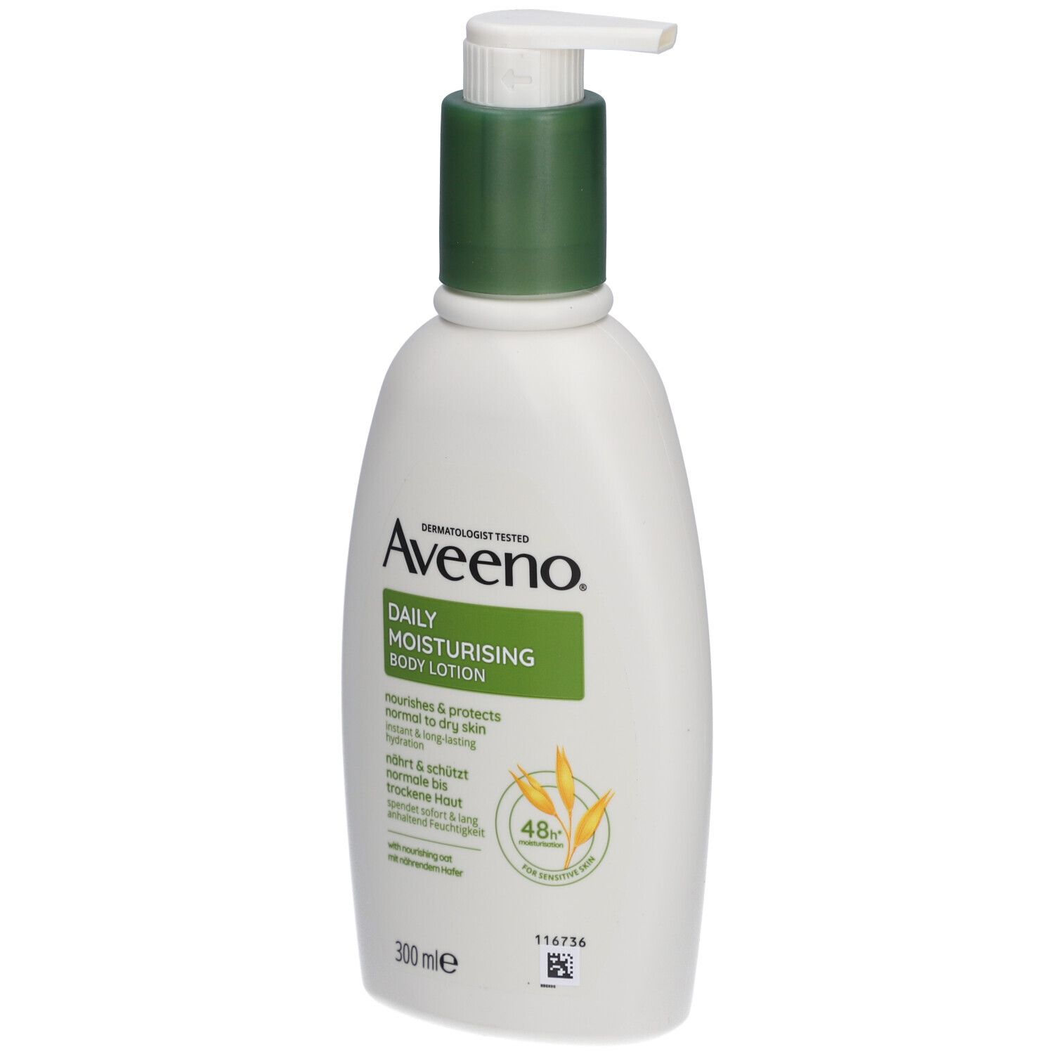 Weiße Flasche mit grünem Deckel und Pumpe. Aufschrift: Aveeno Daily Moisturising Body Lotion. Enthält Hafer. 300 ml.