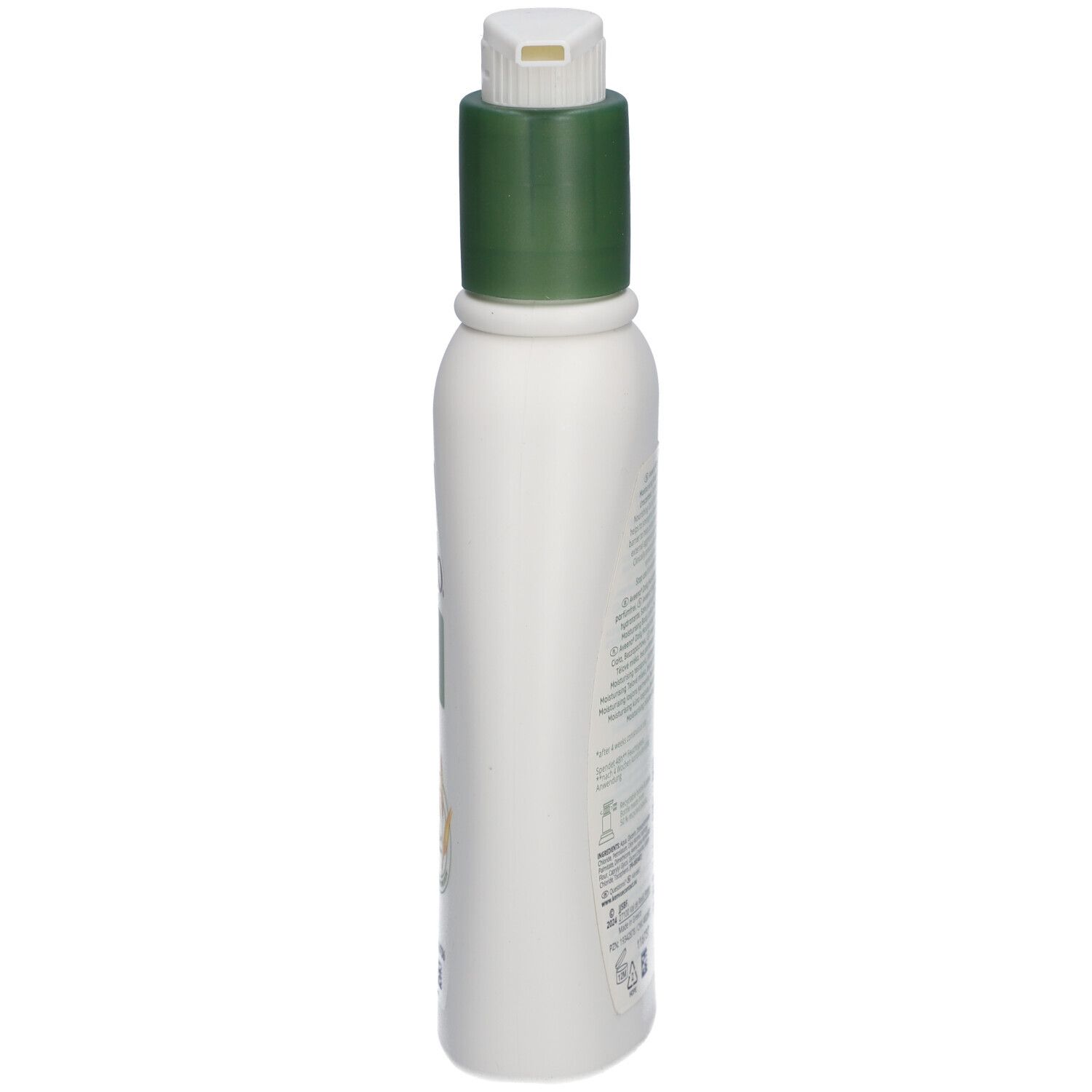 Weiße Flasche mit grünem Deckel. Seitenansicht. Aufschrift: Aveeno Daily Moisturising Body Lotion. 300 ml.