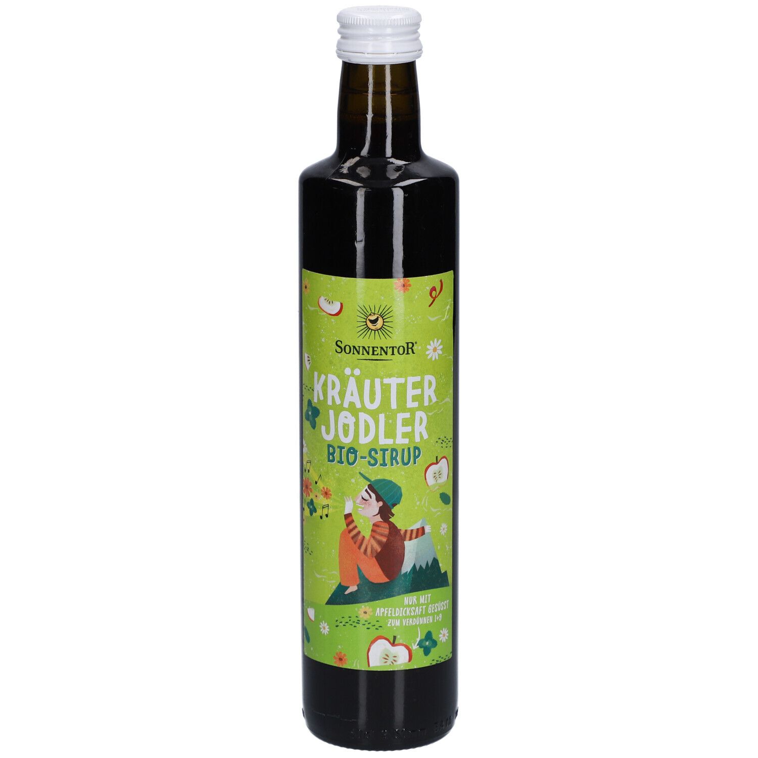 Braune Glasflasche mit weißem Deckel. Grün-gelbes Etikett mit Produktname und Illustration. SONNENTOR® Kräuter Jodler Bio-Sirup.