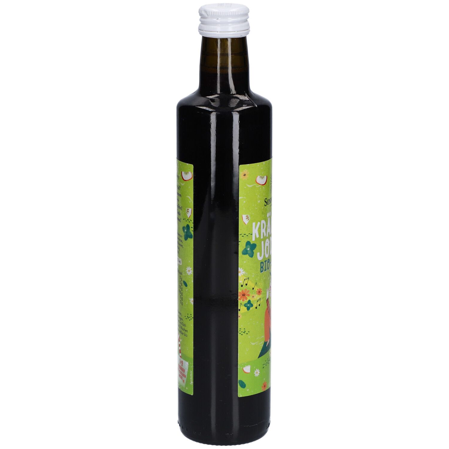 Braune Glasflasche mit weißem Deckel. Seitenansicht des Etiketts mit Produktinformationen. SONNENTOR® Kräuter Jodler Bio-Sirup.