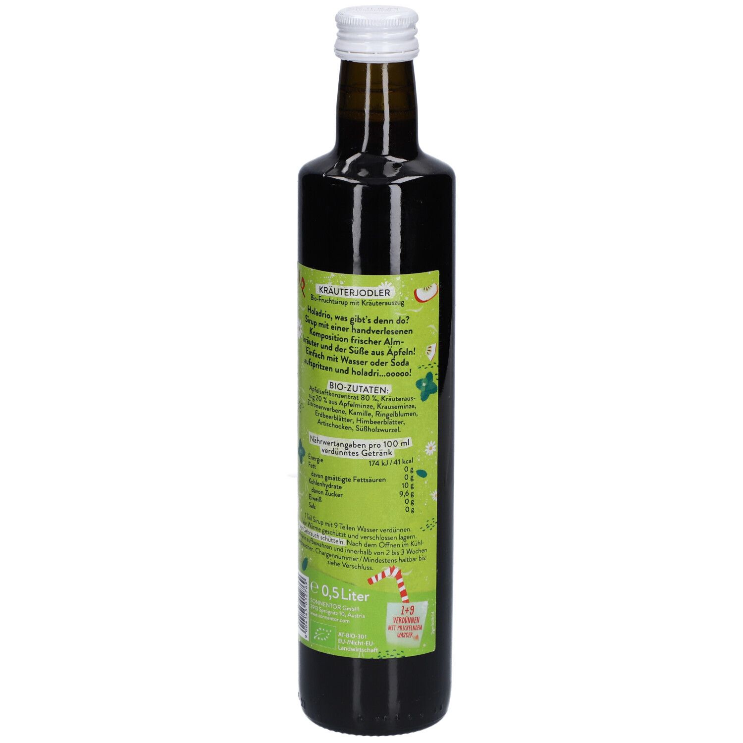 Braune Glasflasche mit weißem Deckel. Rückansicht des Etiketts mit Zutaten und Nährwertangaben. SONNENTOR® Kräuter Jodler Bio-Sirup.
