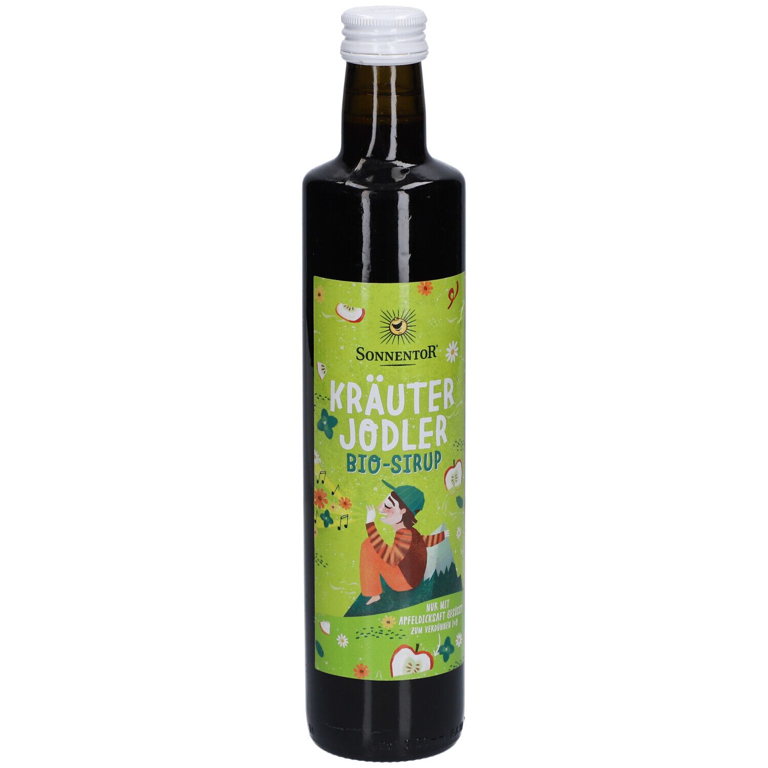 Braune Glasflasche mit weißem Deckel. Grün-gelbes Etikett mit Produktname und Illustration. SONNENTOR® Kräuter Jodler Bio-Sirup.