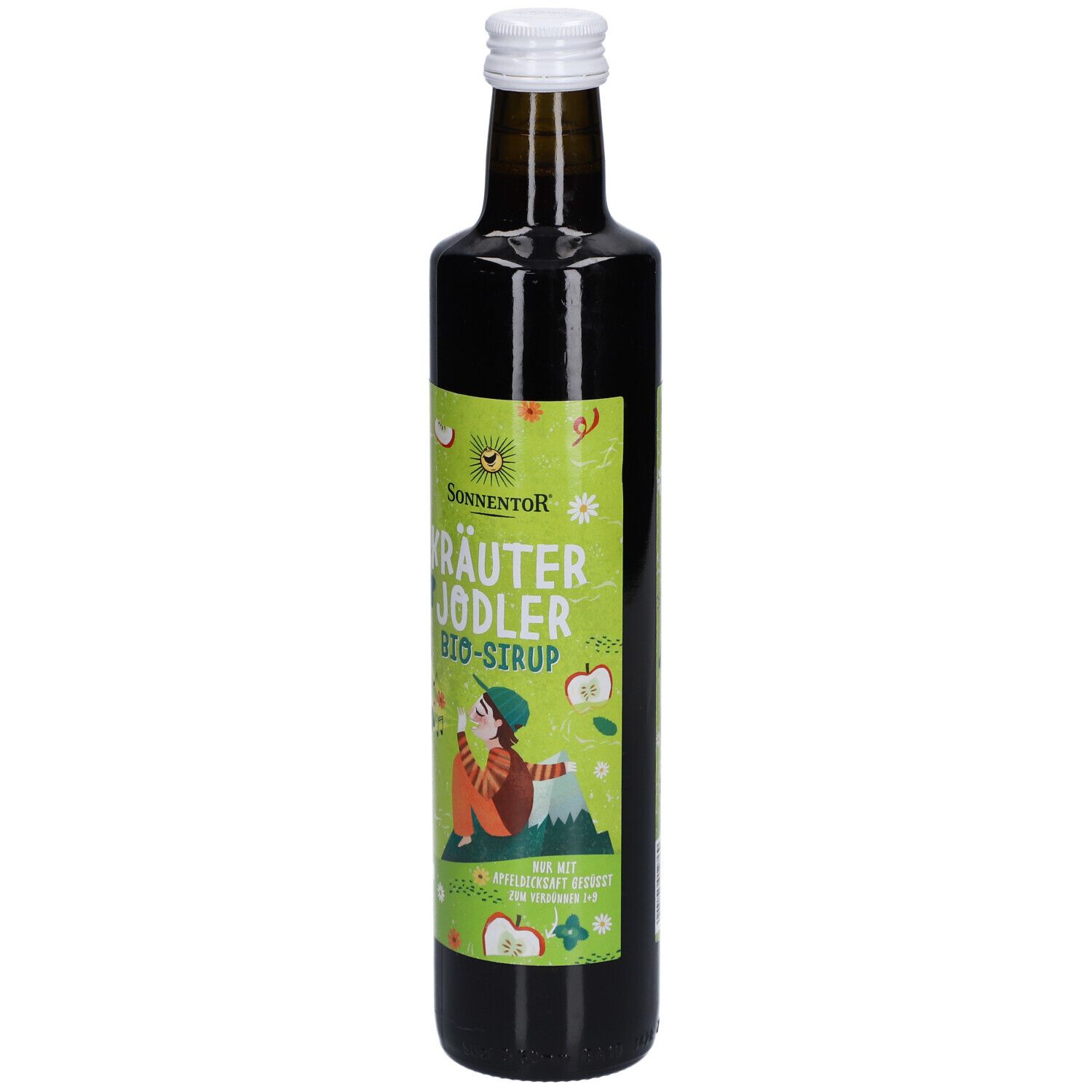 Braune Glasflasche mit weißem Deckel. Grün-gelbes Etikett mit Produktname und Illustration. SONNENTOR® Kräuter Jodler Bio-Sirup.