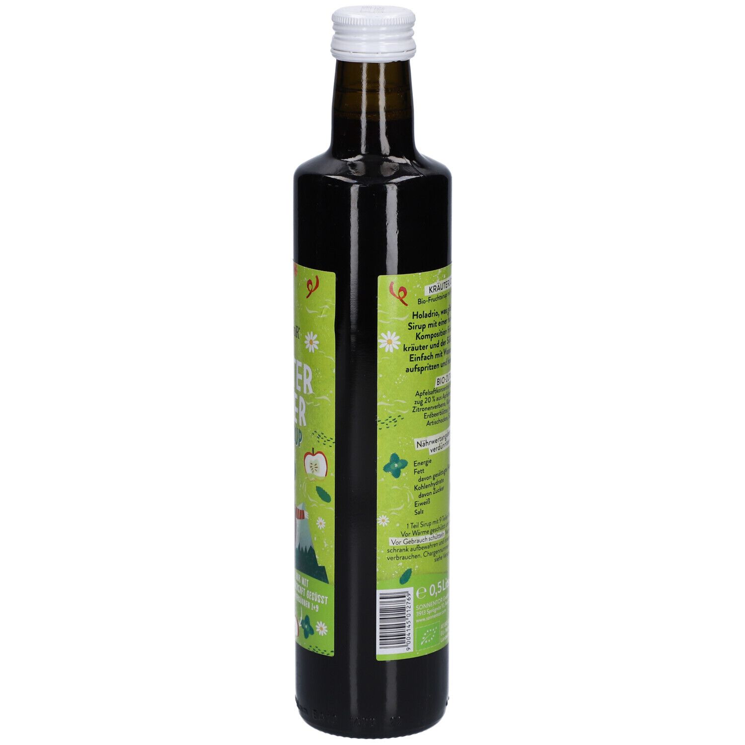 Braune Glasflasche mit weißem Deckel. Rückansicht des Etiketts mit Produktinformationen. SONNENTOR® Kräuter Jodler Bio-Sirup.