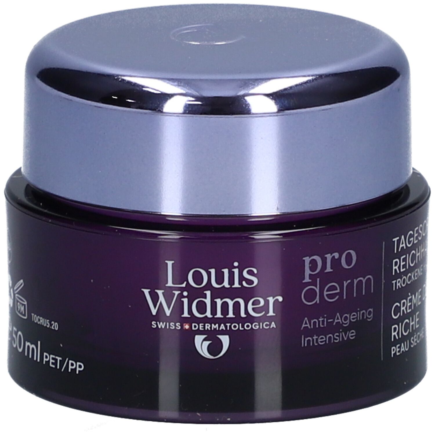 Dunkelviolette Creme-Dose mit silbernem Deckel. Aufschrift: Louis Widmer, pro derm, Anti-Ageing Intensive. UV 30.