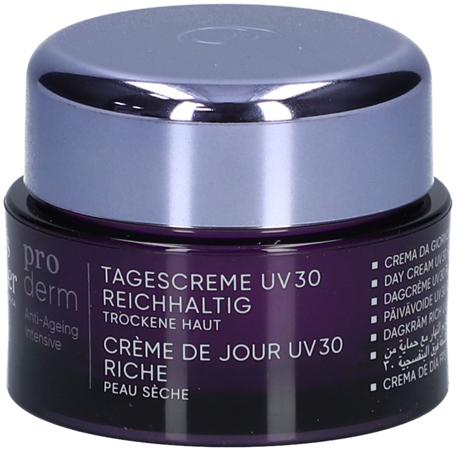 Dunkelviolette Creme-Dose mit silbernem Deckel. Aufschrift: Louis Widmer, pro derm, Tagescreme UV 30. Für trockene Haut.