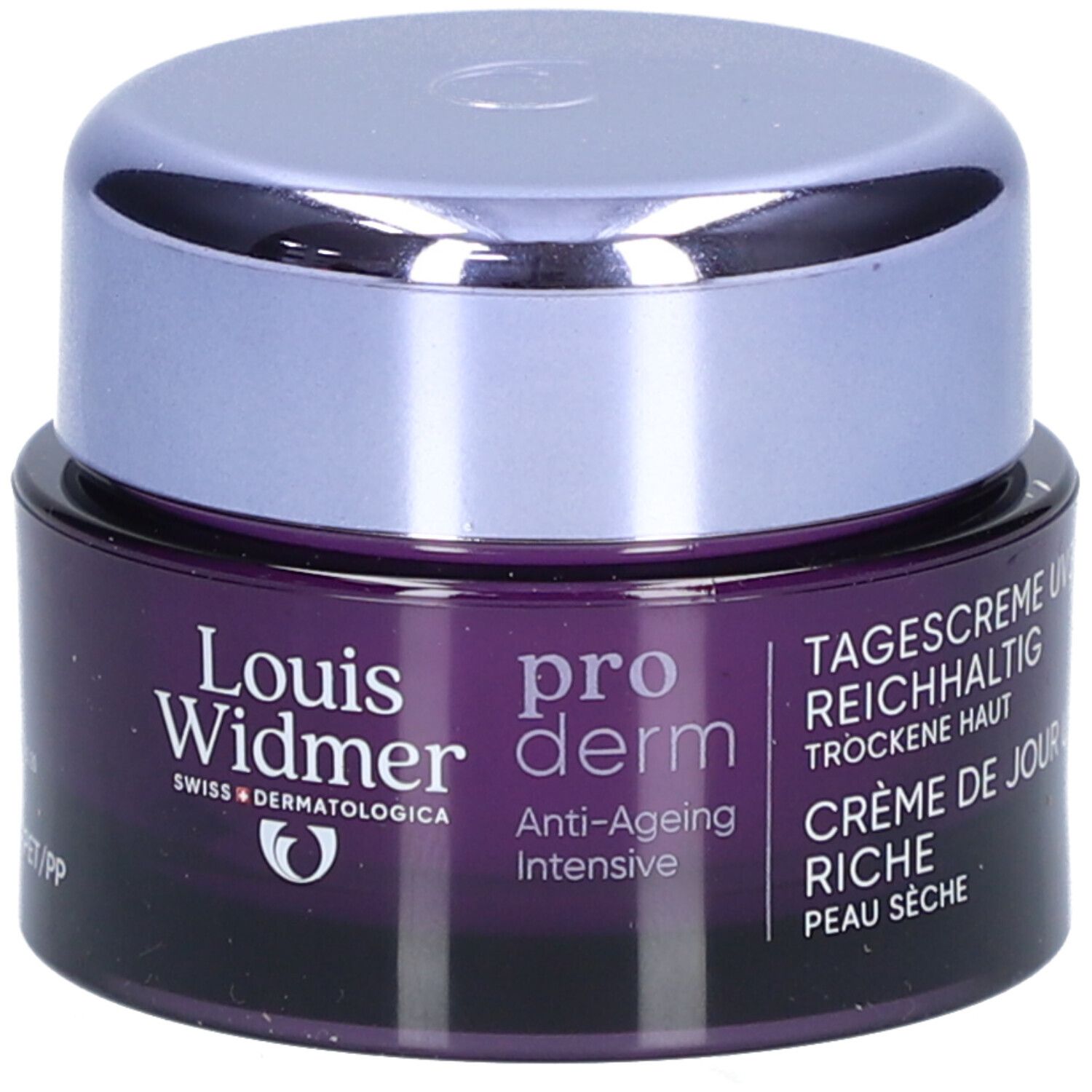 Dunkelviolette Creme-Dose mit silbernem Deckel. Aufschrift: Louis Widmer, pro derm, Anti-Ageing Intensive, Tagescreme UV 30.