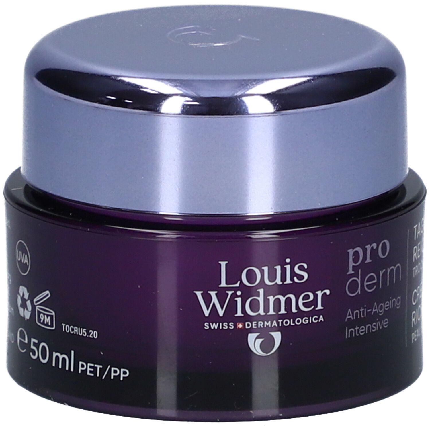 Dunkelviolette Creme-Dose mit silbernem Deckel. Aufschrift: Louis Widmer, pro derm, Anti-Ageing Intensive, Tagescreme UV 30. 50ml.