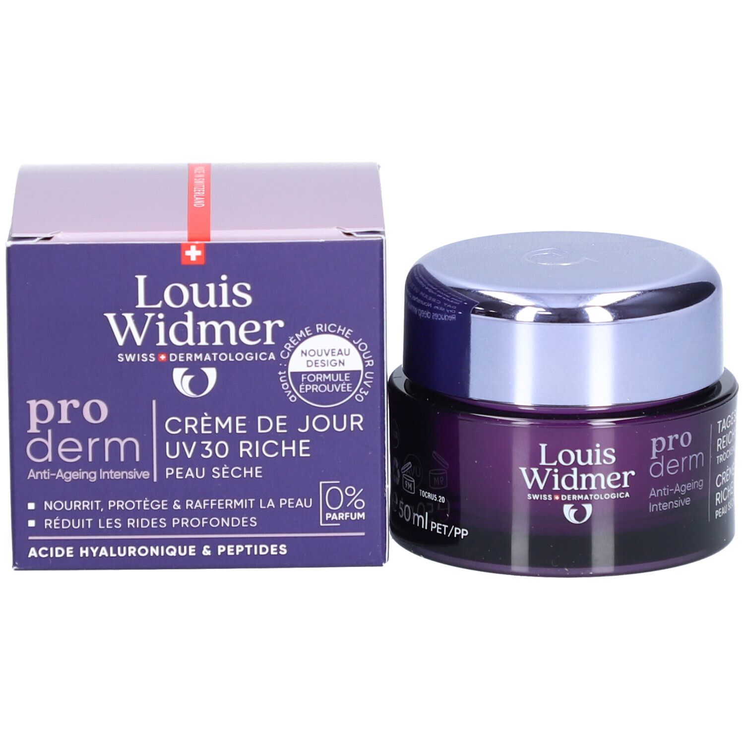 Creme-Dose und Verpackung. Dose: Louis Widmer, pro derm, Crème de jour UV 30. Verpackung: Louis Widmer, Crème de jour UV 30.