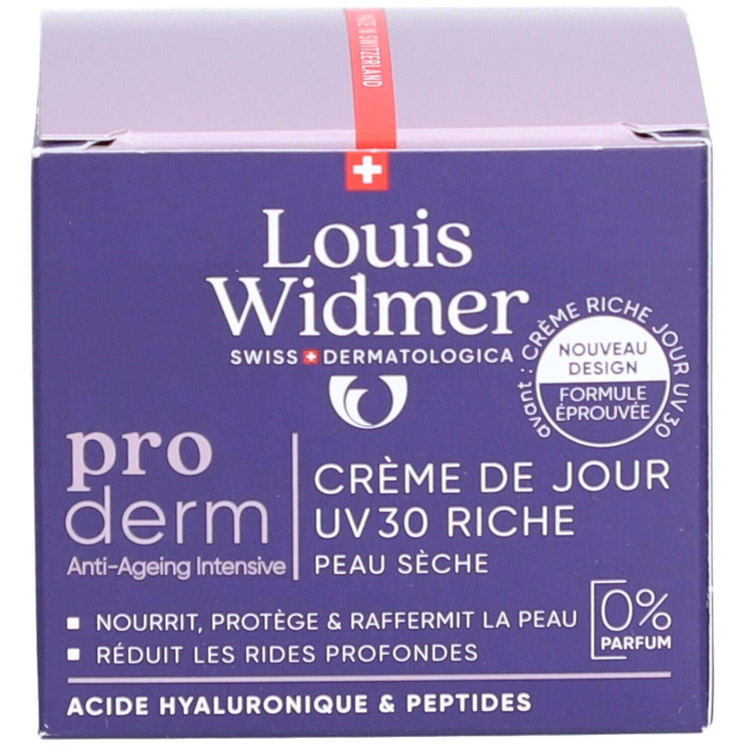 Verpackung. Aufschrift: Louis Widmer, pro derm, Crème de jour UV 30. Mit Inhaltsangaben und Logo.