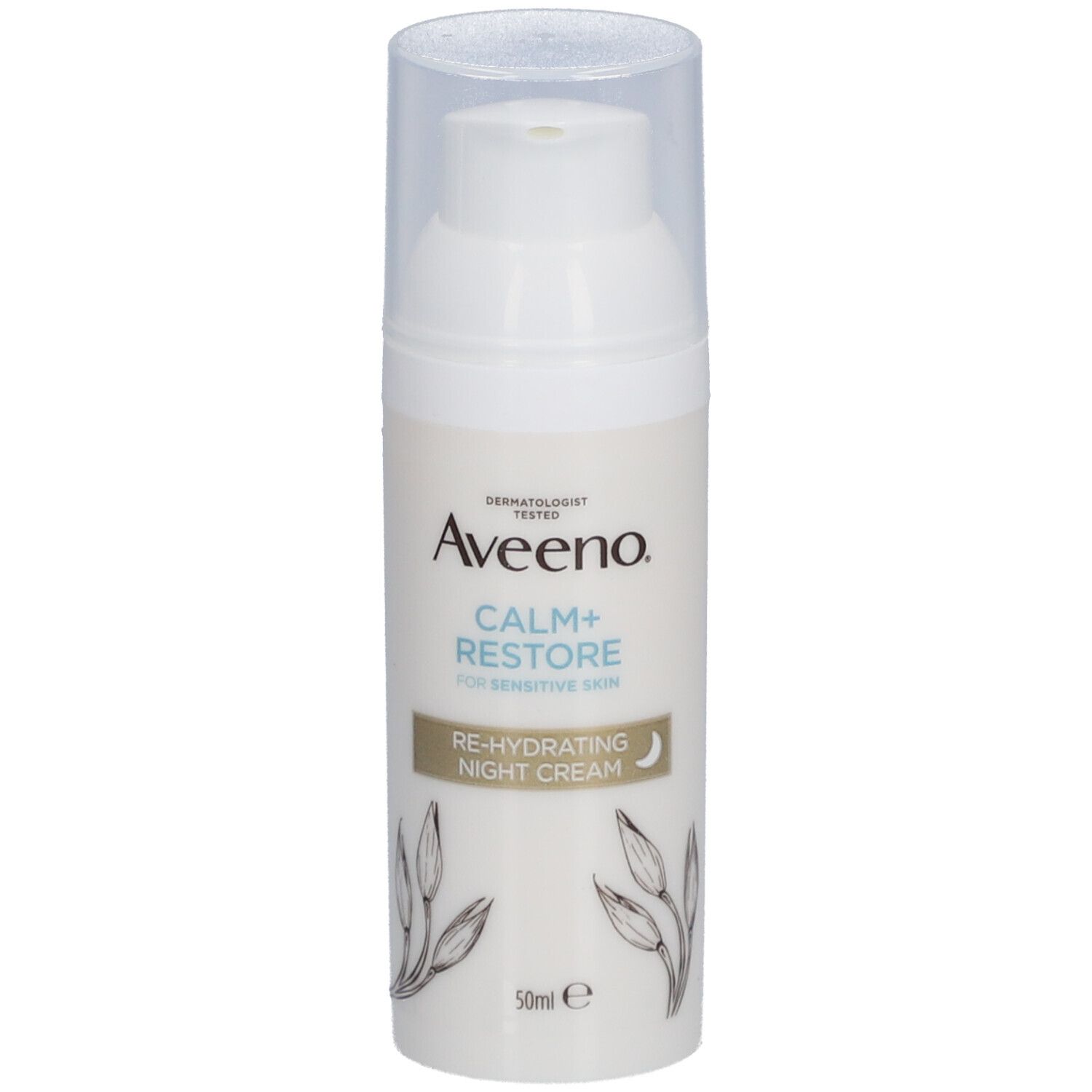 Crème de nuit Aveeno CALM+RESTORE. Flacon blanc avec pompe et bouchon transparent. Texte et illustrations.