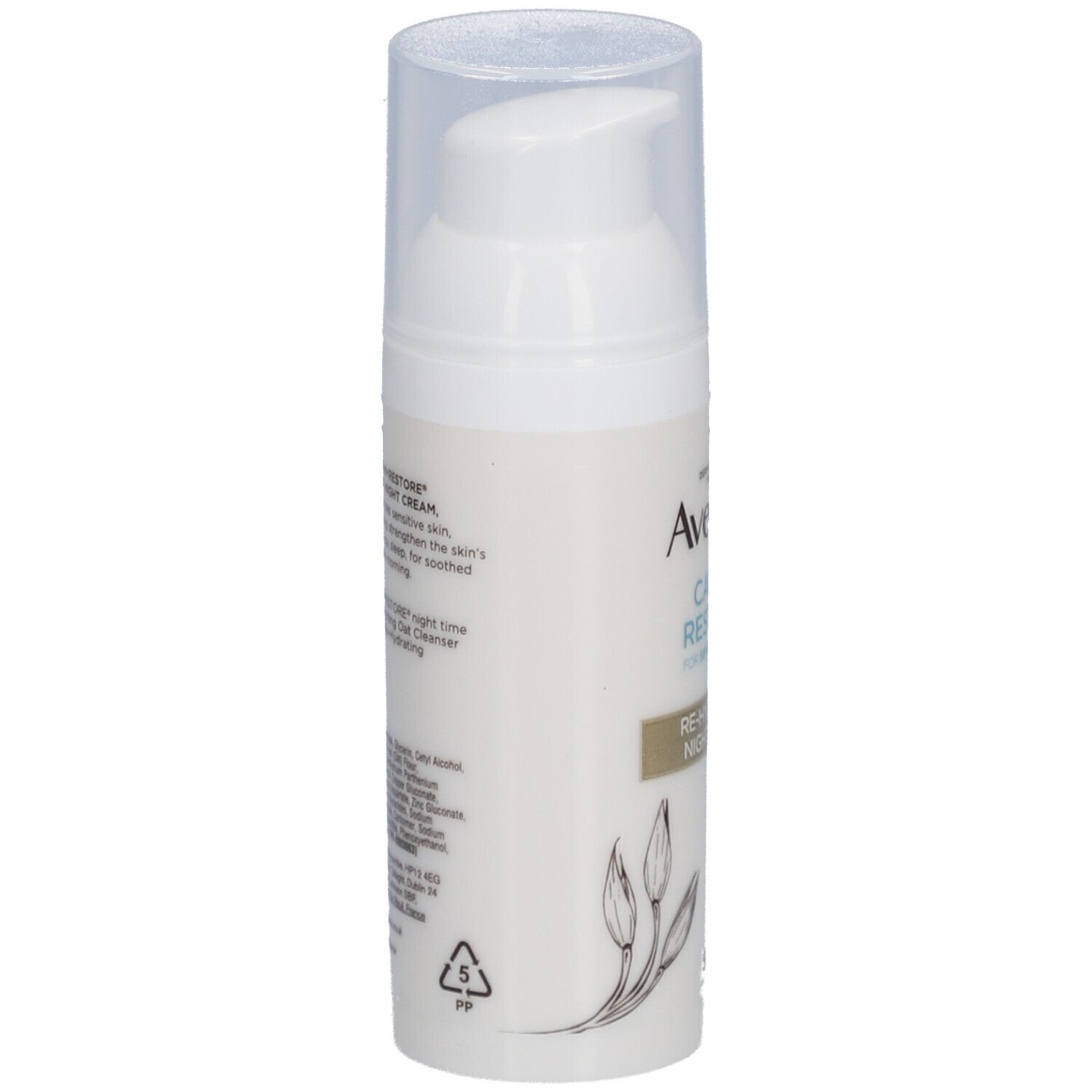 Crème de nuit Aveeno CALM+RESTORE. Vue latérale du flacon blanc avec texte et illustrations.