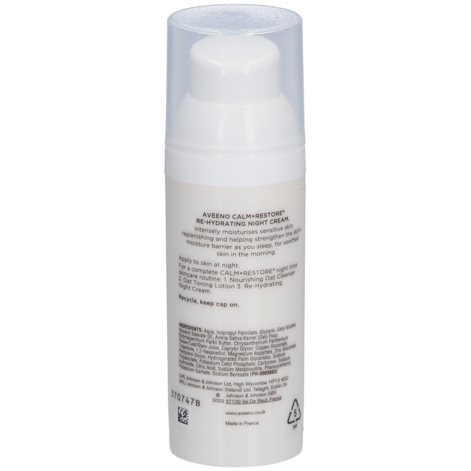 Crème de nuit Aveeno CALM+RESTORE. Dos du flacon blanc avec texte sur les ingrédients et l'utilisation.