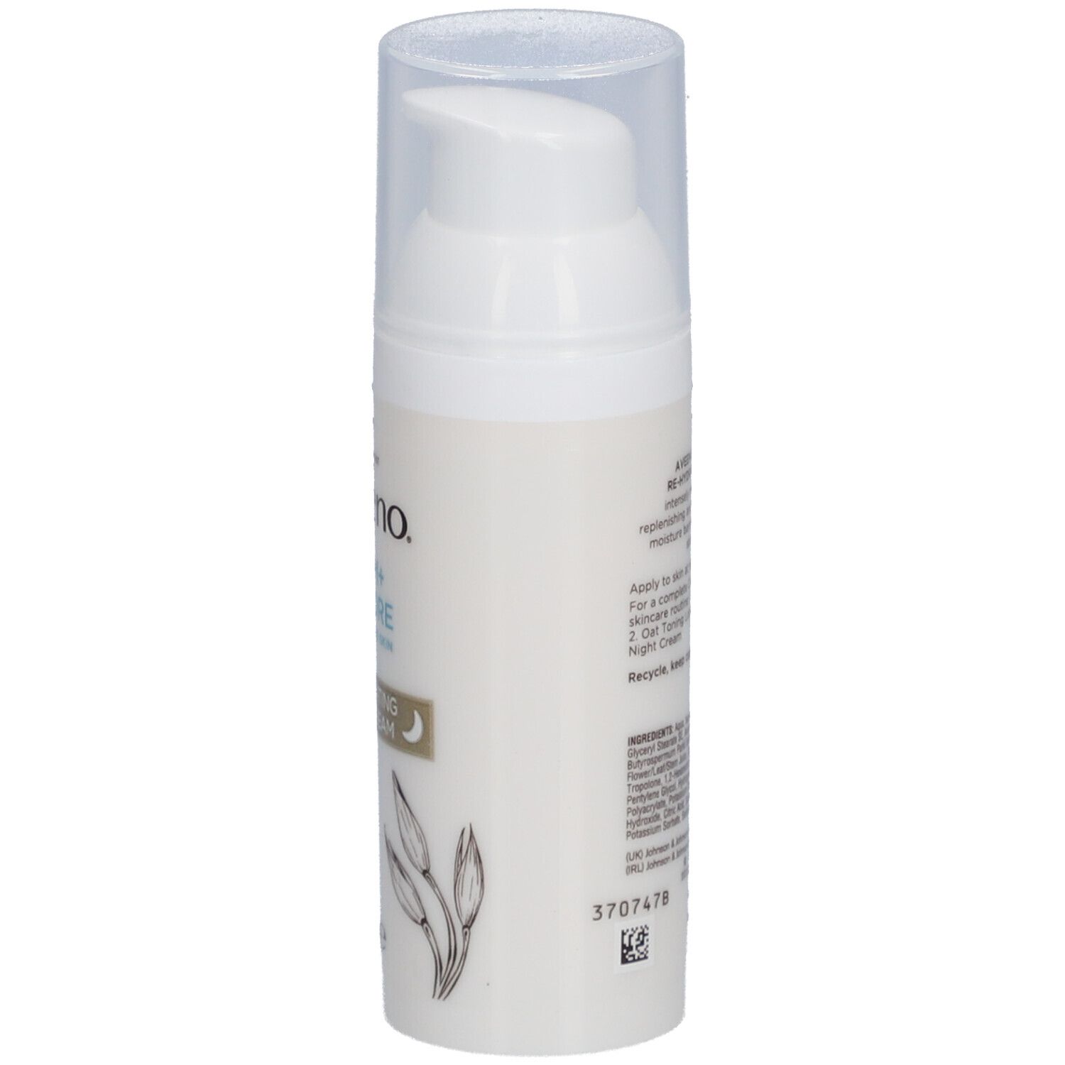 Crème de nuit Aveeno CALM+RESTORE. Vue latérale du flacon blanc avec texte et illustrations.