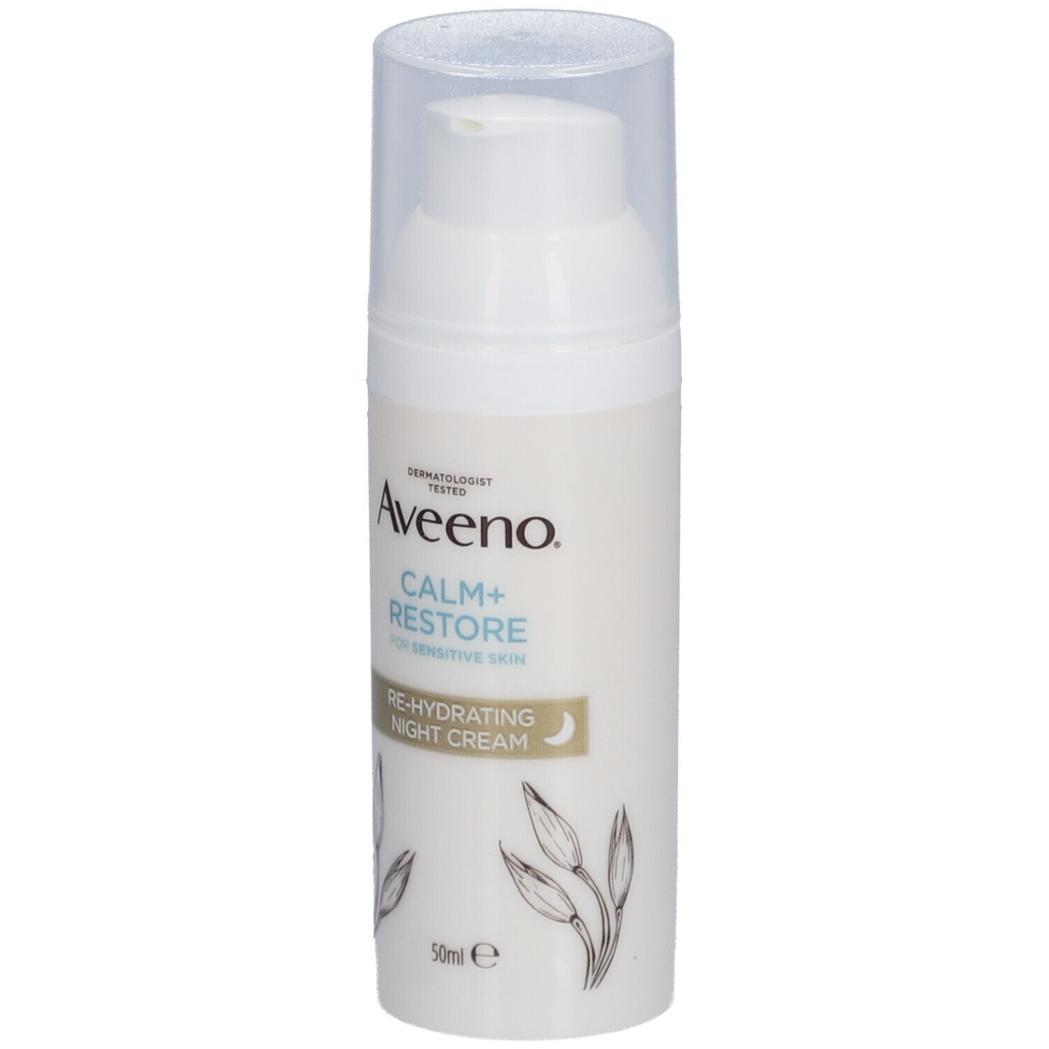 Crème de nuit Aveeno CALM+RESTORE. Flacon blanc avec pompe et bouchon transparent. Texte et illustrations.