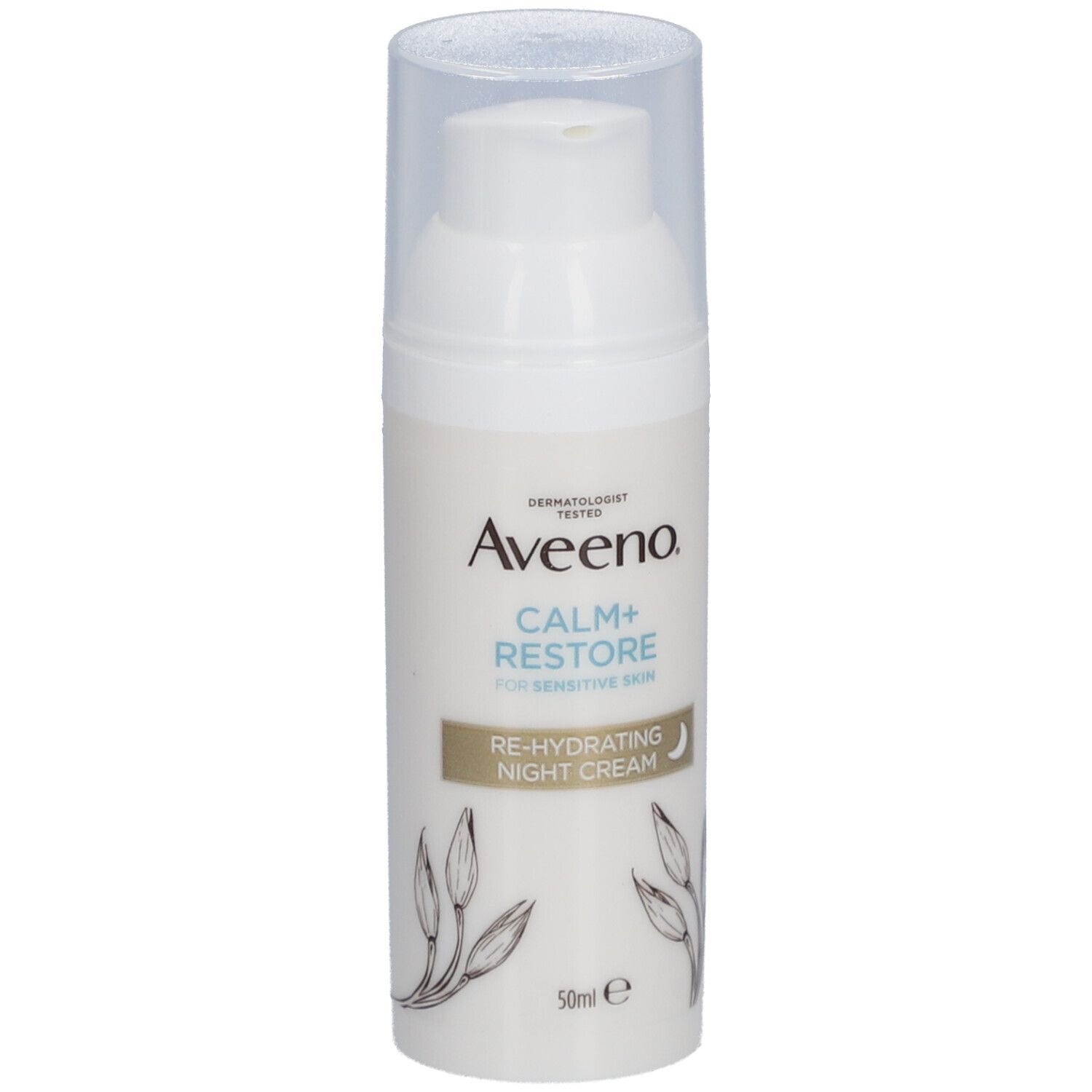 Crème de nuit Aveeno CALM+RESTORE. Flacon blanc avec pompe et bouchon transparent. Texte et illustrations.