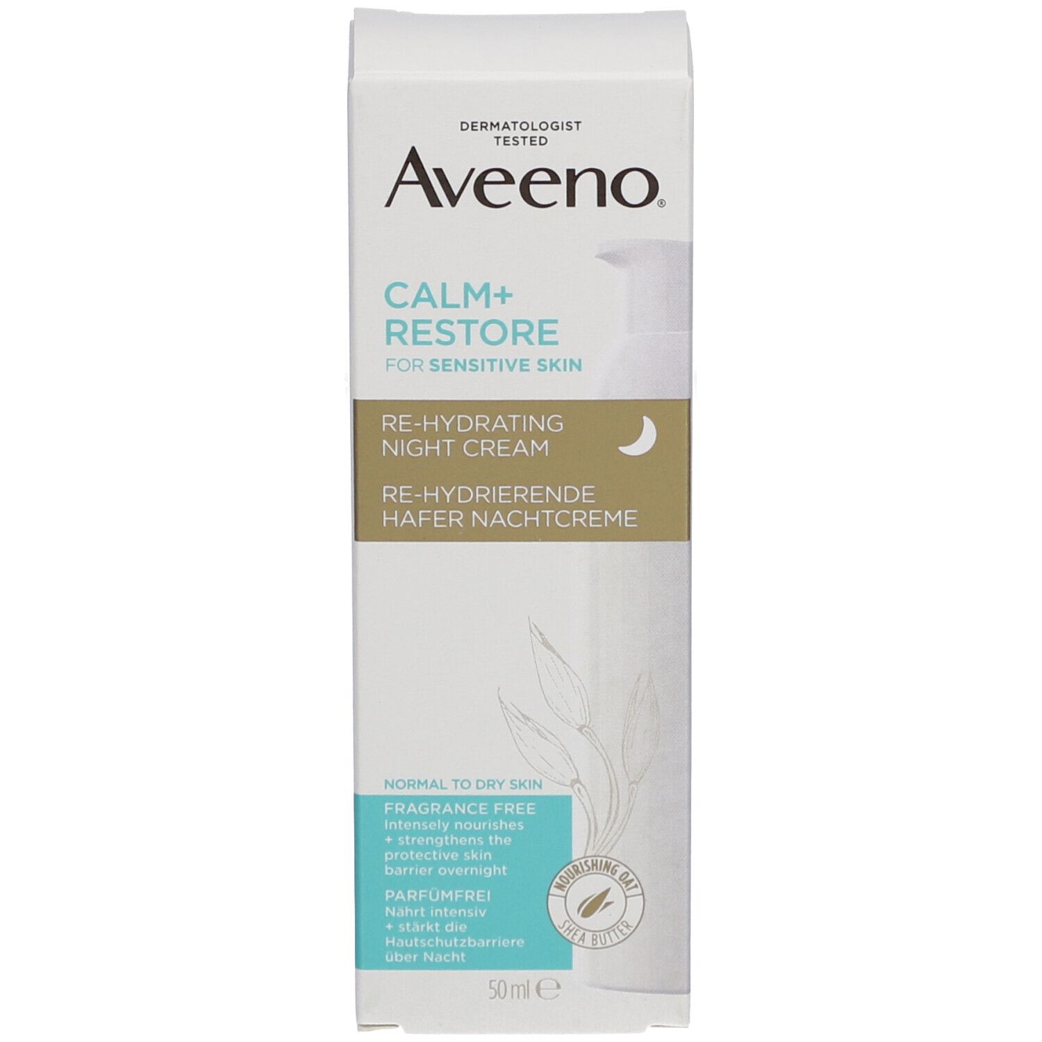 Crème de nuit Aveeno CALM+RESTORE. Emballage. Carton avec texte et illustrations.
