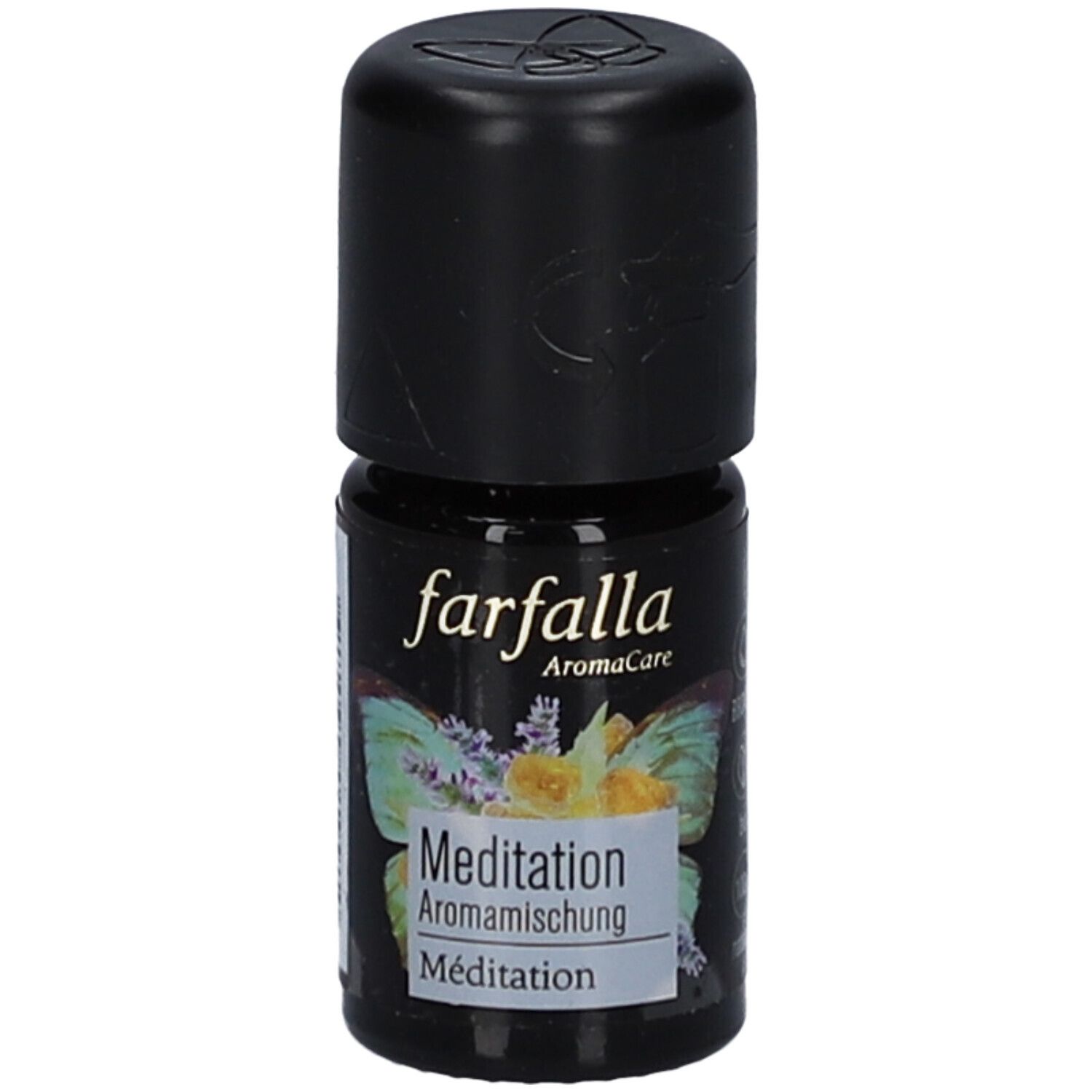 Kleine, schwarze Flasche mit schwarzem Deckel. Aufschrift "farfalla AromaCare Meditation Aromamischung". Etikett mit Schmetterling und Blumen.