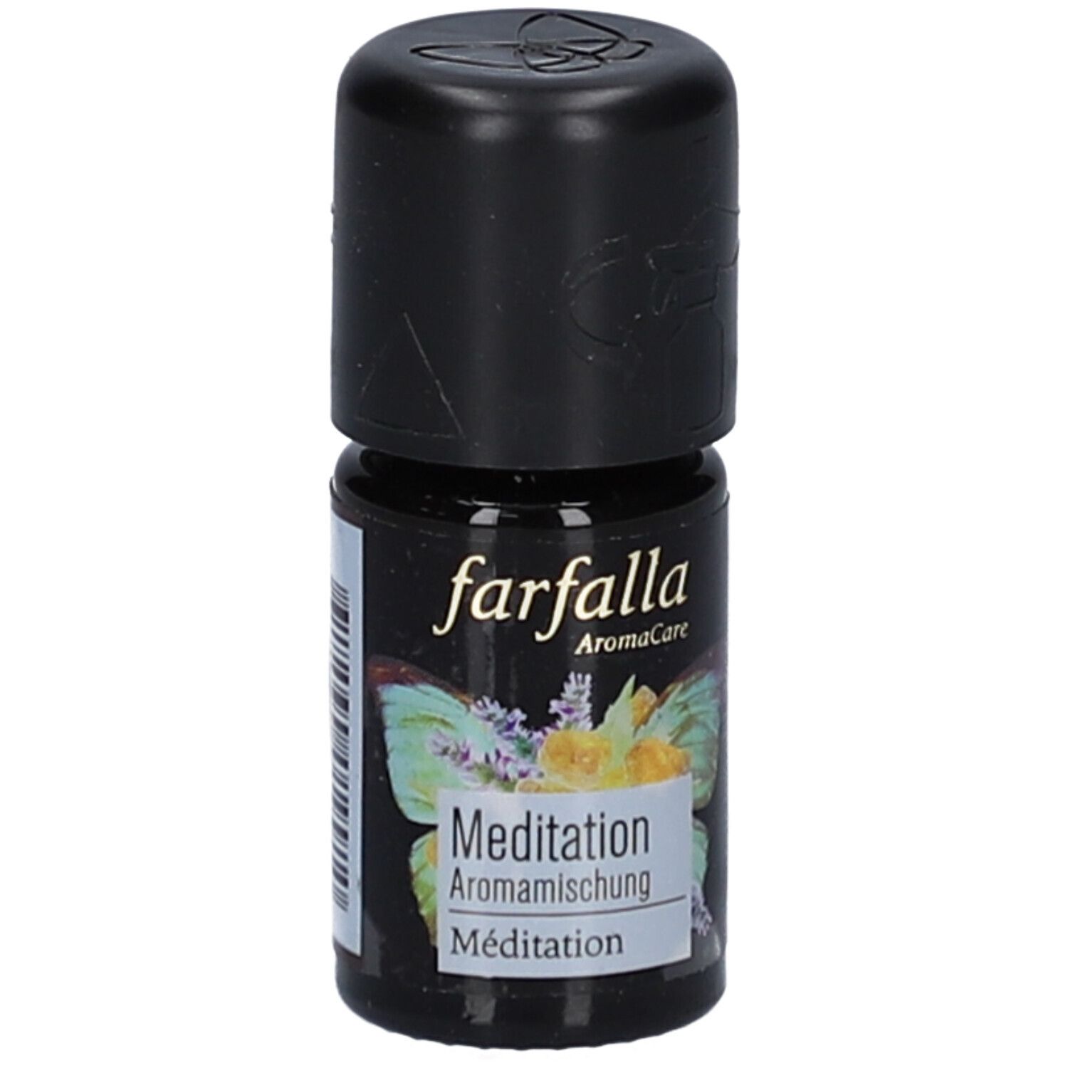 Kleine, schwarze Flasche mit schwarzem Deckel. Aufschrift "farfalla AromaCare Meditation Aromamischung". Etikett mit Schmetterling und Blumen.