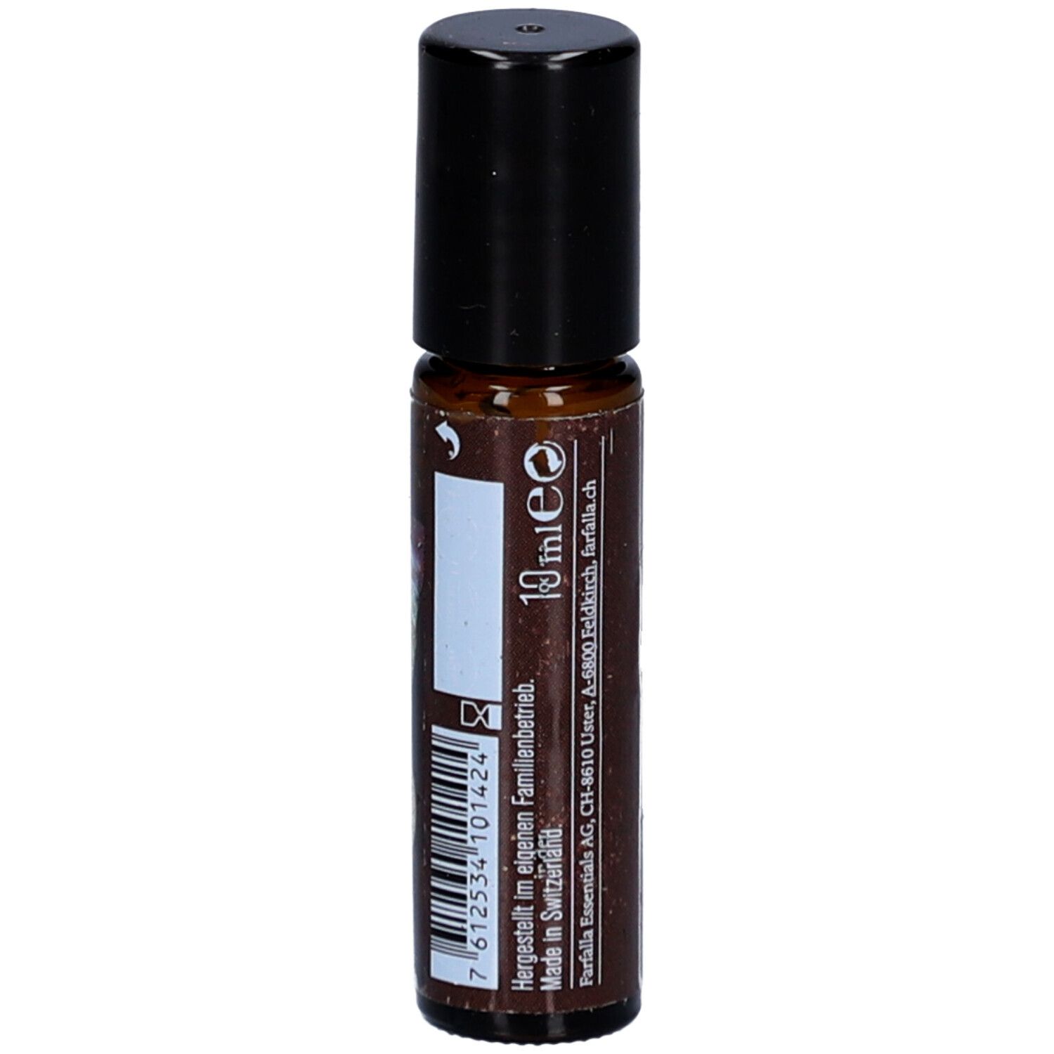 Braune Glasflasche mit schwarzem Deckel. Aufschrift: 10 ml e. Barcode und Text: Farfalla Essentials AG, CH-8610 Uster.