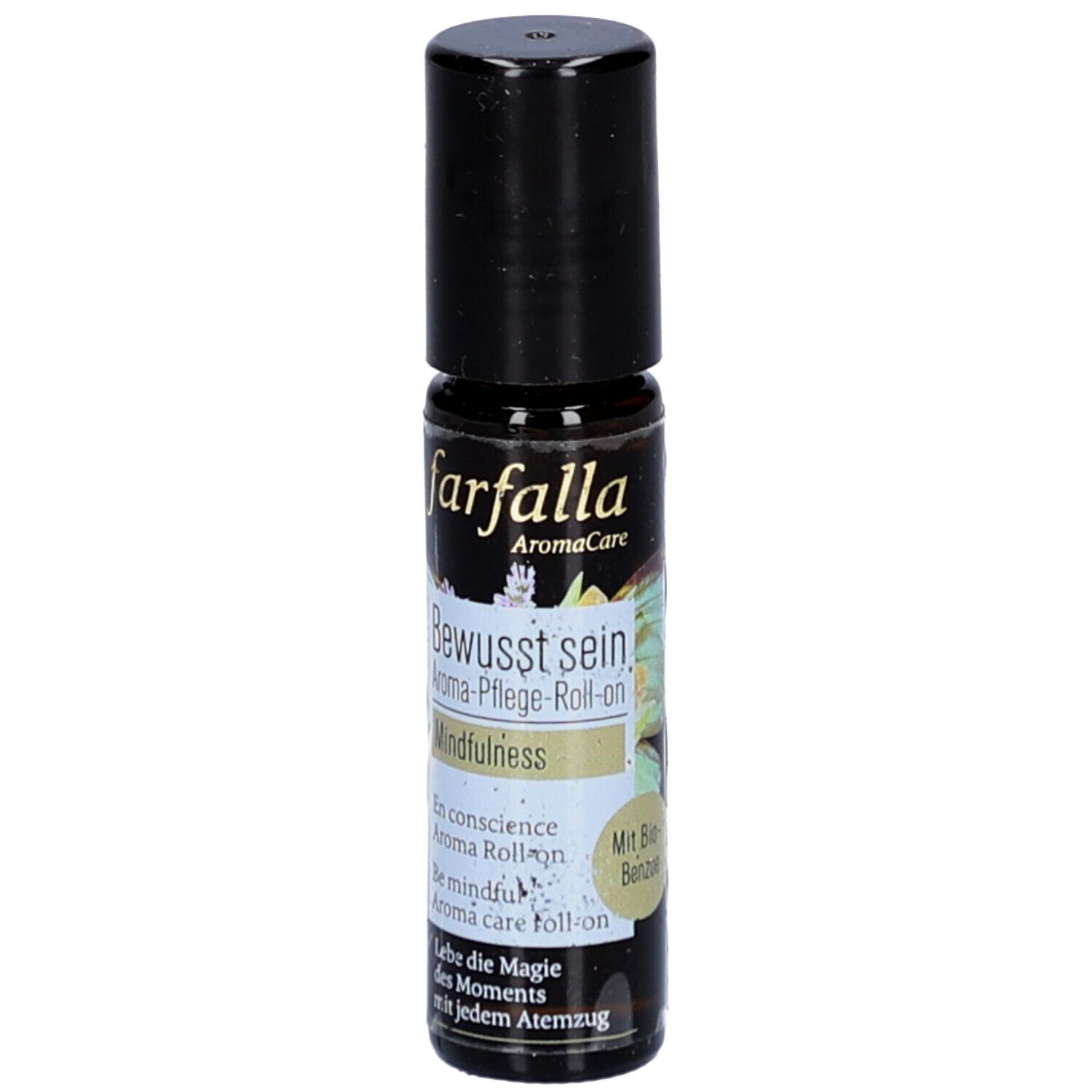 Braune Glasflasche mit schwarzem Deckel. Aufschrift: farfalla AromaCare, Bewusst sein, Mindfulness. Roll-on. Mit Bio-Benzoe.