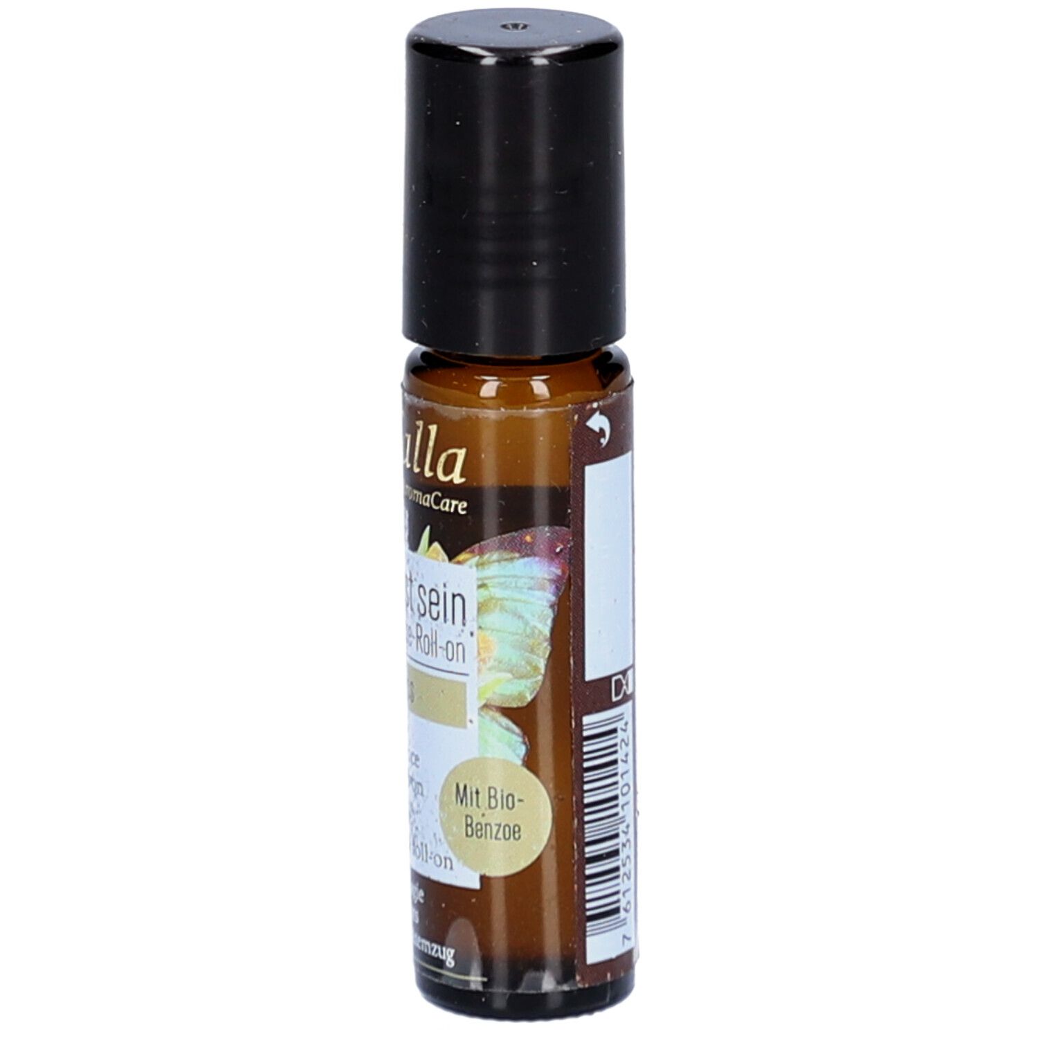 Braune Glasflasche mit schwarzem Deckel. Aufschrift: farfalla AromaCare, Bewusst sein, Mindfulness. Mit Bio-Benzoe.