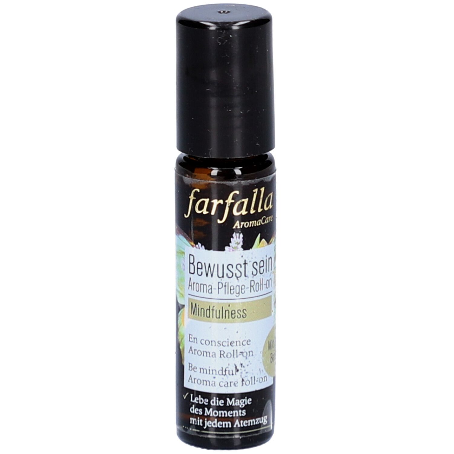 Braune Glasflasche mit schwarzem Deckel. Aufschrift: farfalla AromaCare, Bewusst sein, Mindfulness. Roll-on.