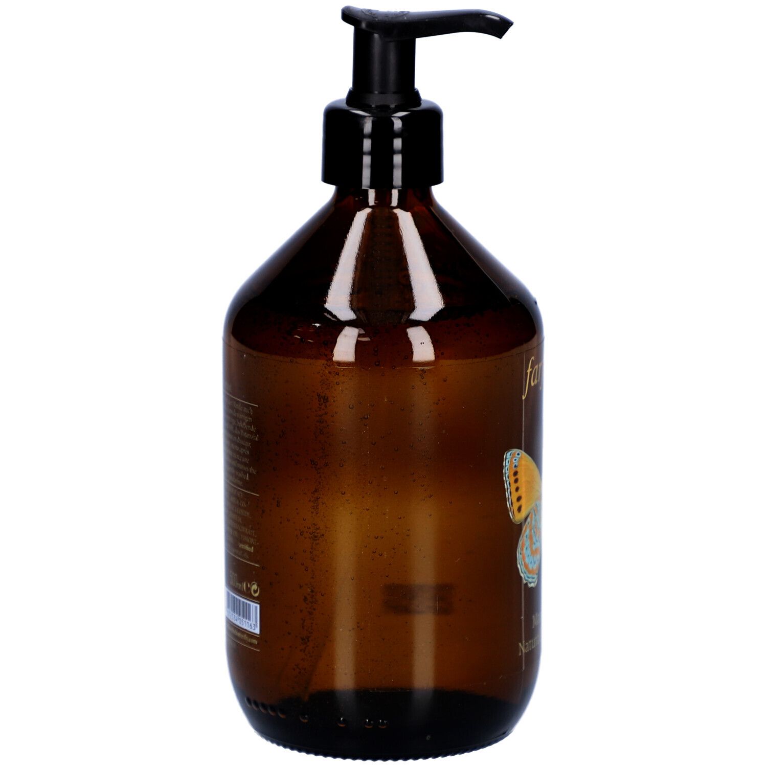 Braune Flasche mit schwarzem Pumpkopf. Seitenansicht. Keine weiteren Details sichtbar.