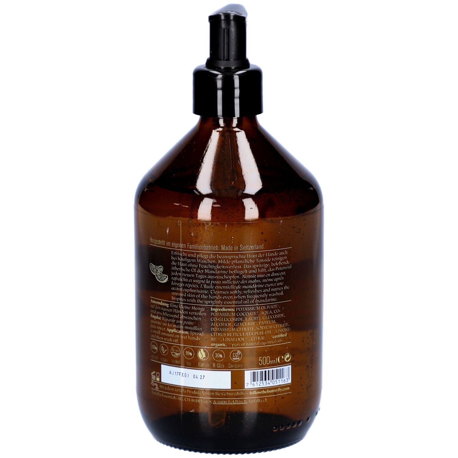 Braune Flasche mit schwarzem Pumpkopf. Rückseite mit Text und Inhaltsangaben. 500ml.