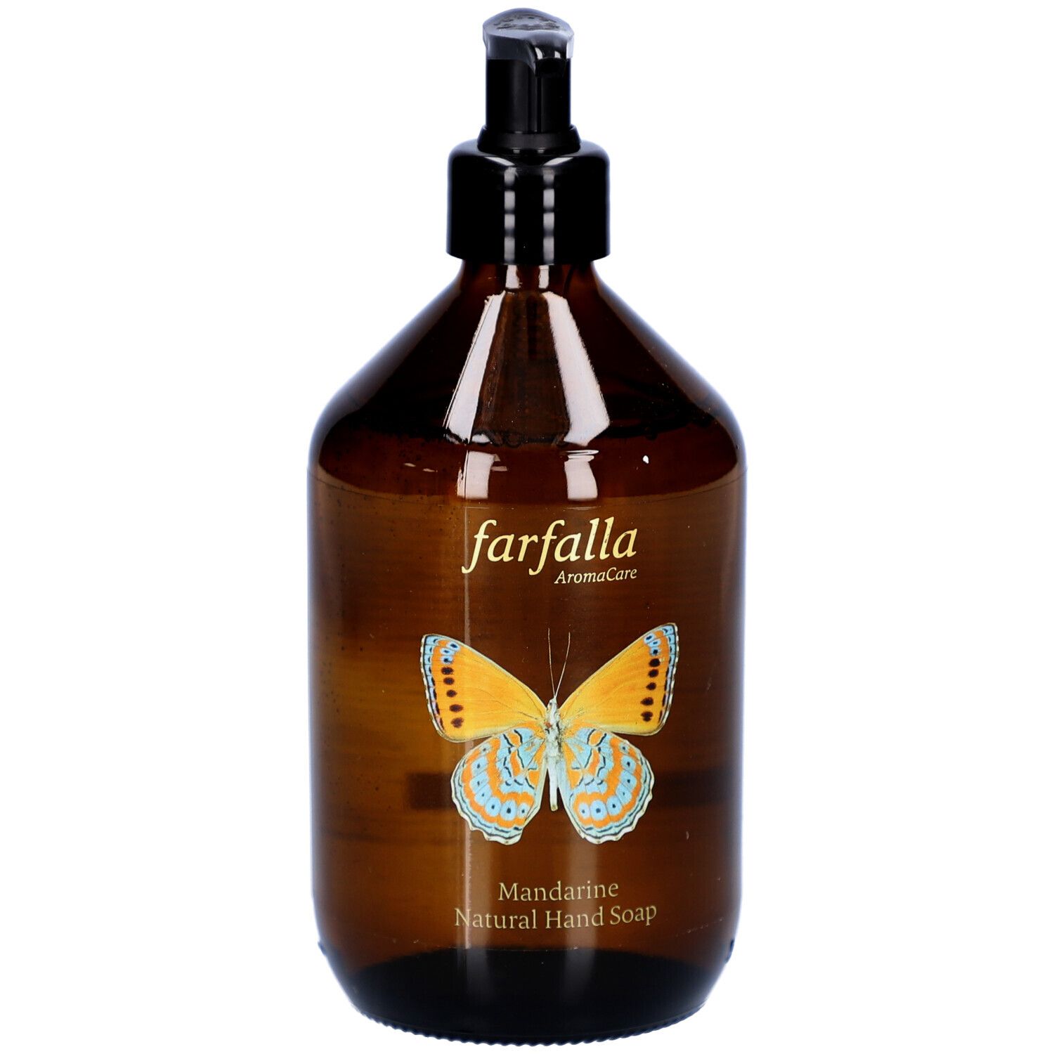 Braune Flasche mit schwarzem Pumpkopf. Aufkleber mit Schmetterling und Schriftzug: farfalla AromaCare, Mandarine Natural Hand Soap.