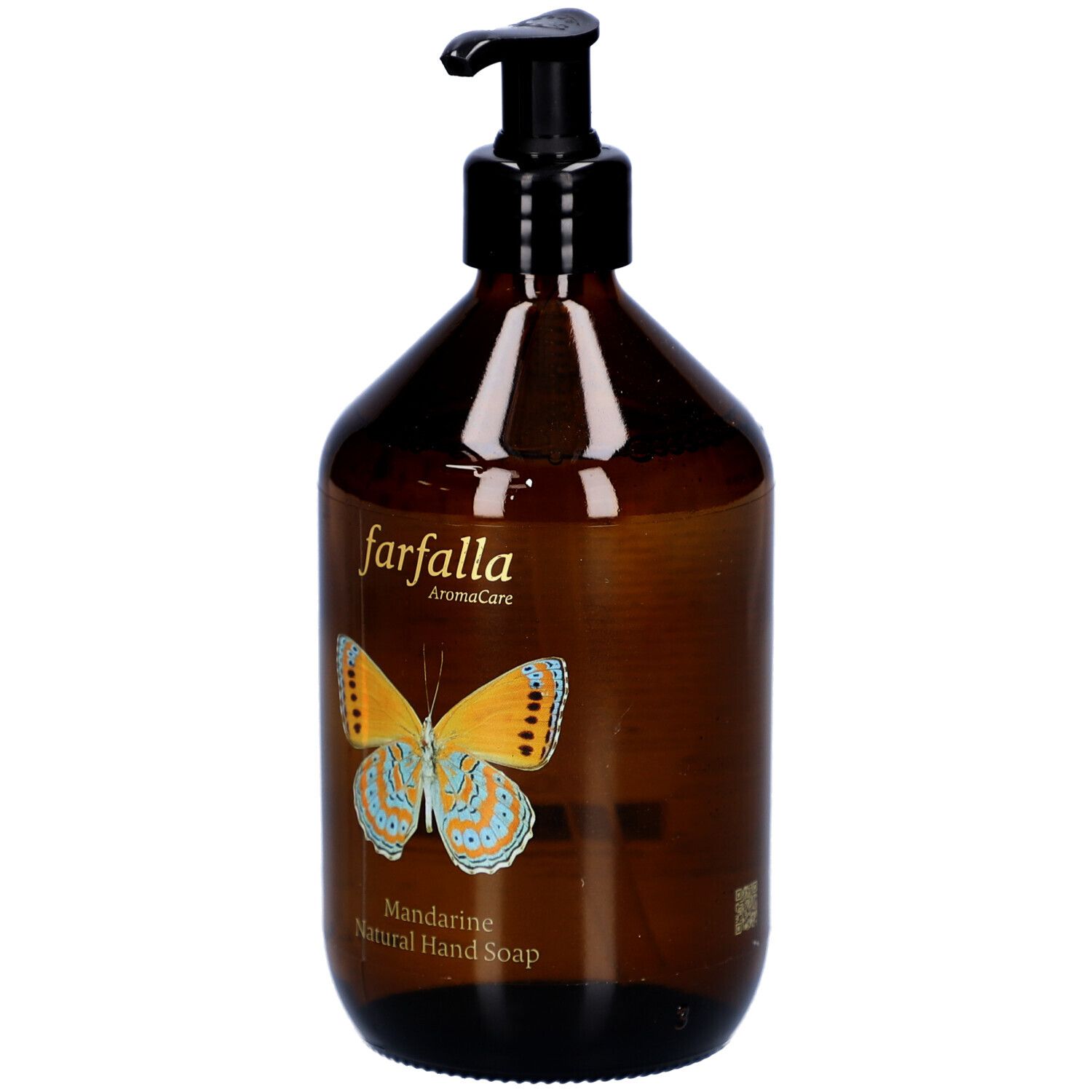 Braune Flasche mit schwarzem Pumpkopf. Aufkleber mit Schmetterling und Schriftzug: farfalla AromaCare, Mandarine Natural Hand Soap.