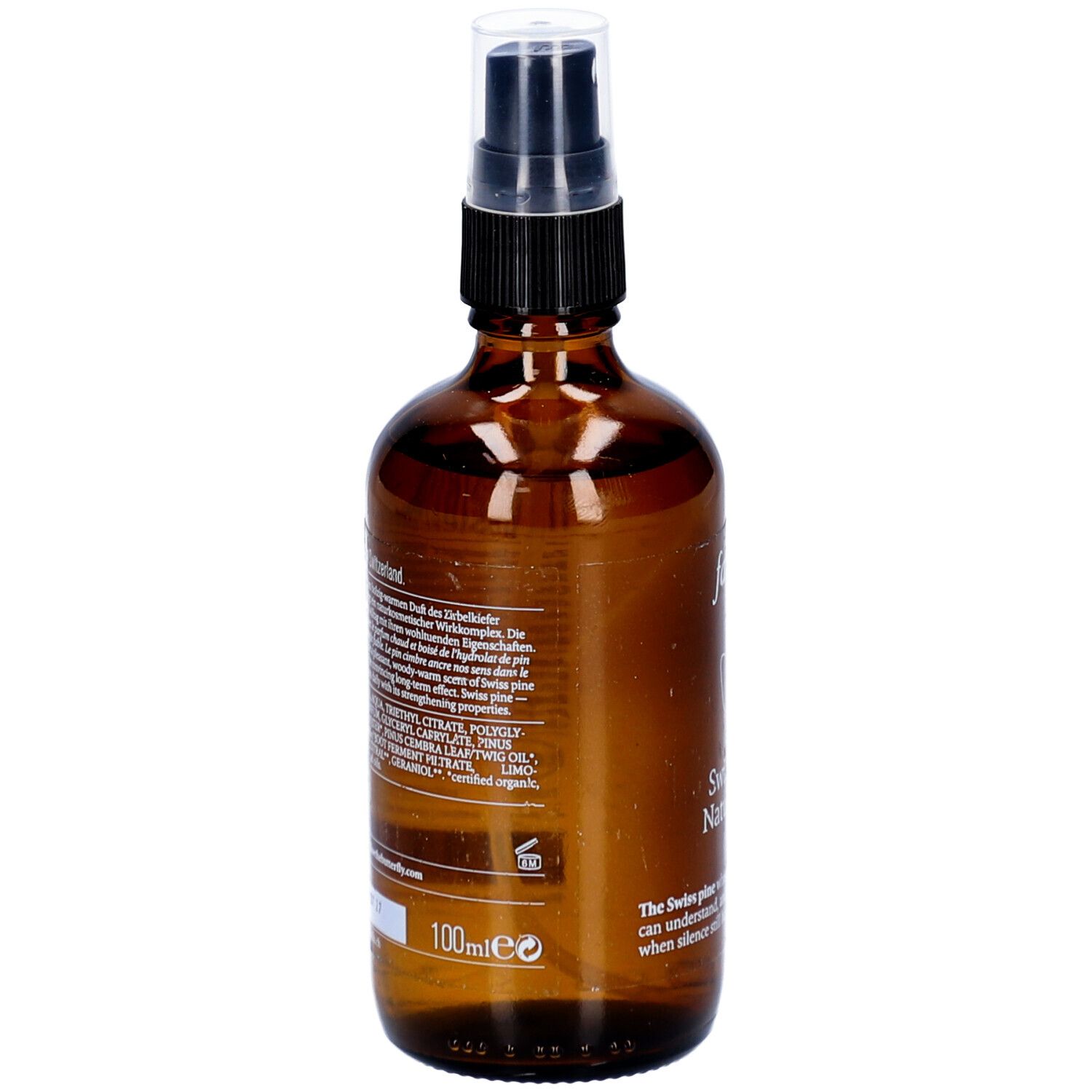 Braune Glasflasche mit Zerstäuber. Rückseite mit Text und Angaben zu Inhaltsstoffen. 100ml.