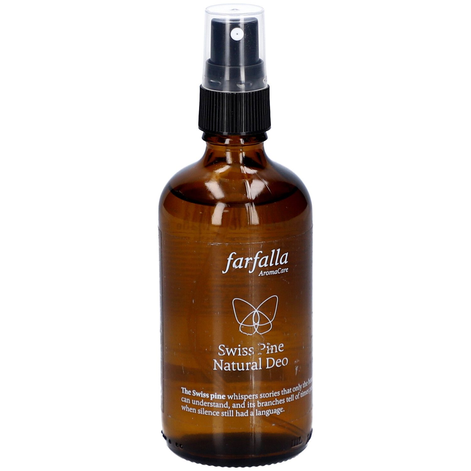 Braune Glasflasche mit Zerstäuber. Aufschrift: farfalla AromaCare, Swiss Pine Natural Deo. Mit Text und Logo.