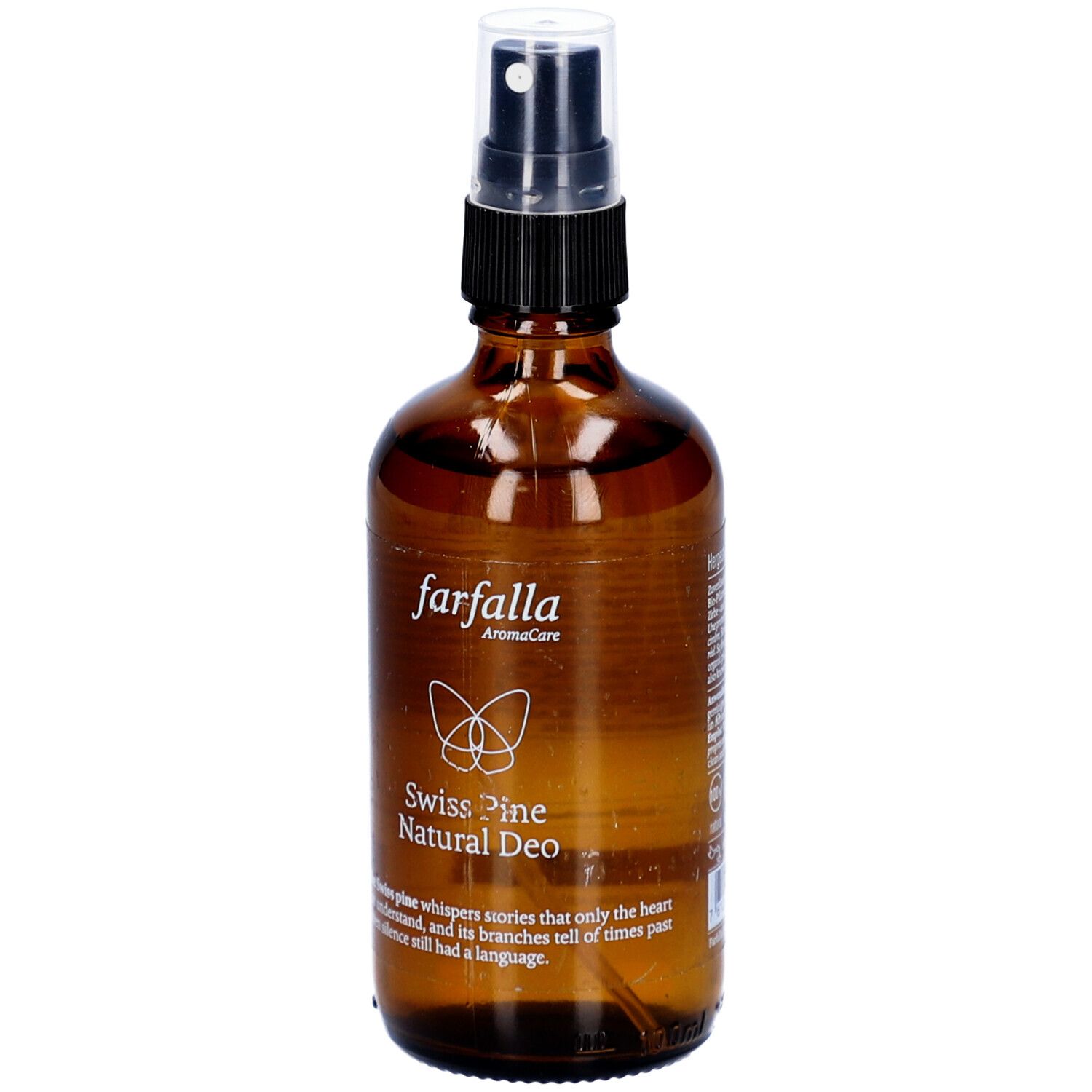 Braune Glasflasche mit Zerstäuber. Aufschrift: farfalla AromaCare, Swiss Pine Natural Deo. Mit Text und Logo.