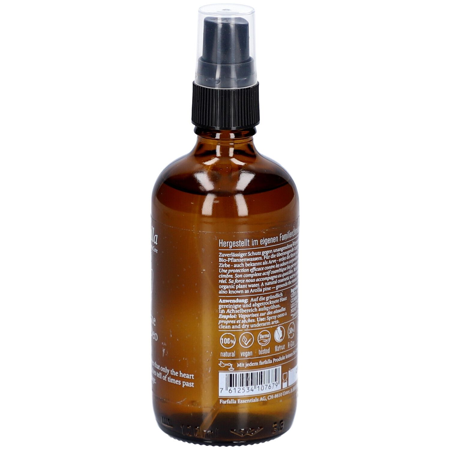 Braune Glasflasche mit Zerstäuber. Rückseite mit Text, Inhaltsstoffen und Logos. 100ml.