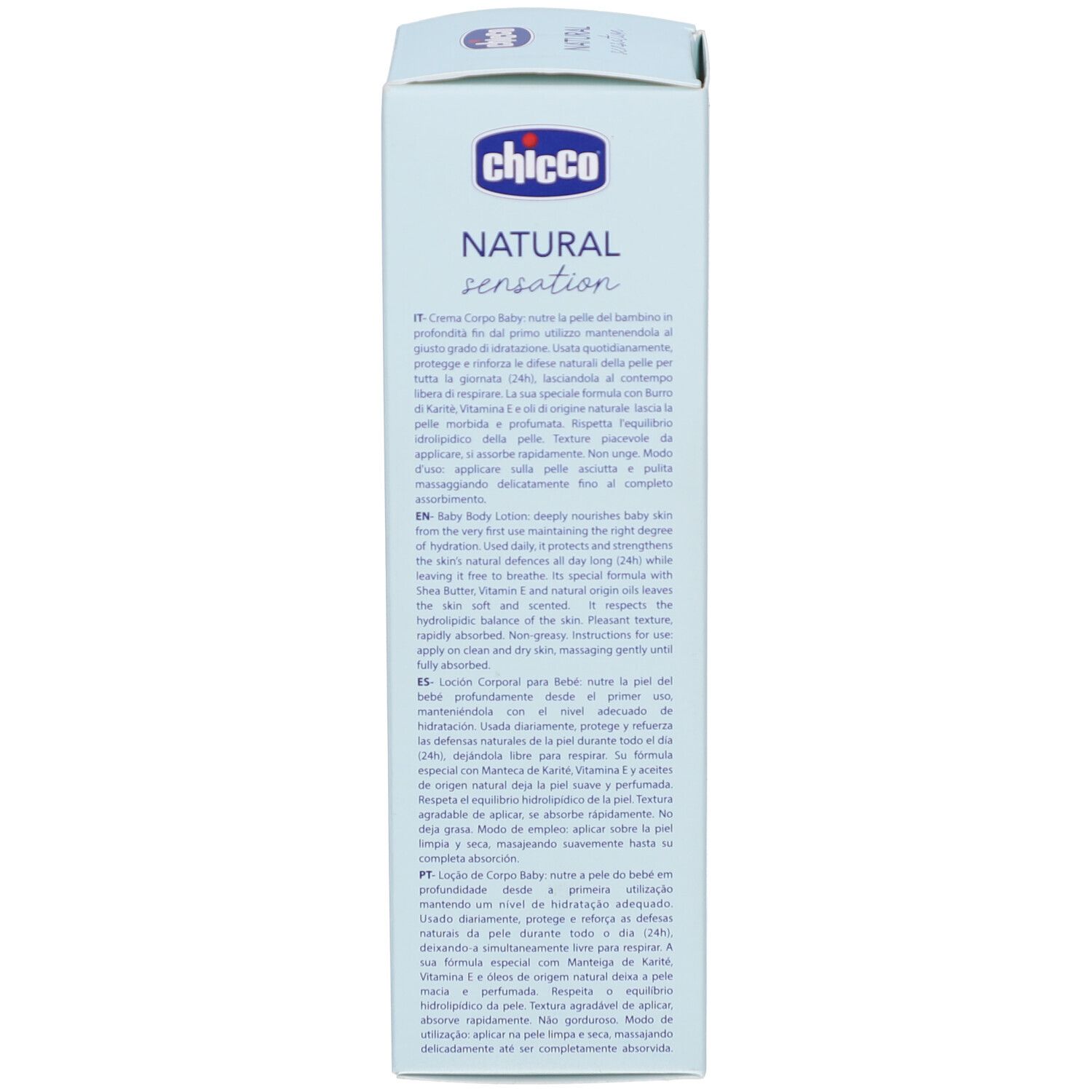 Rückseite der Kartonverpackung. Text in mehreren Sprachen. Marke Chicco. Produktinformationen.