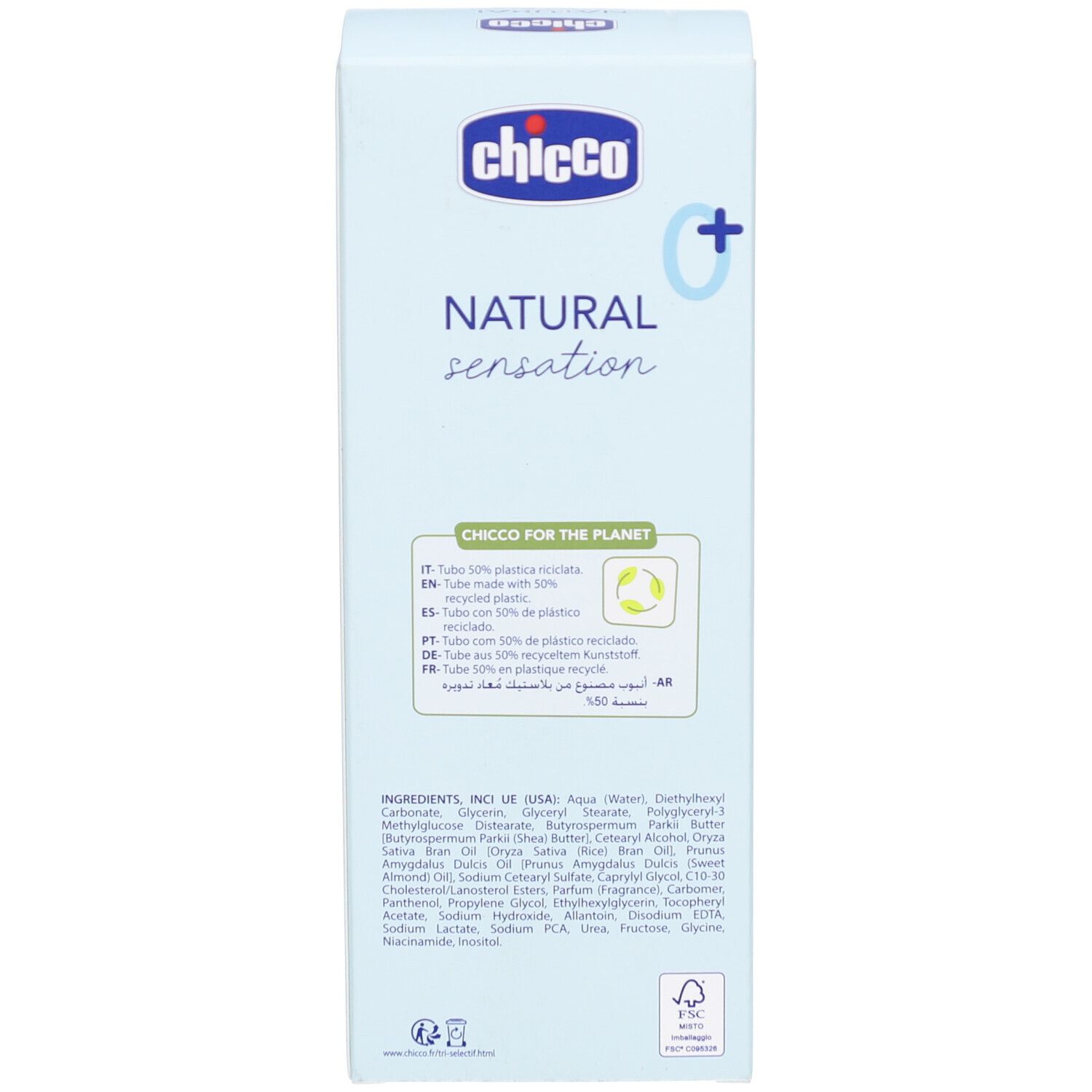 Rückseite der Kartonverpackung. Text in mehreren Sprachen. Marke Chicco. Inhaltsstoffe und Recycling-Informationen.