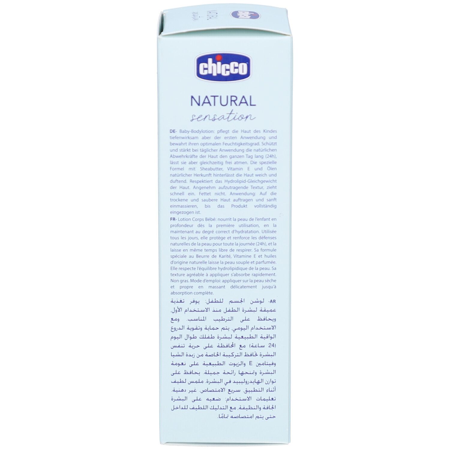Rückseite der Kartonverpackung. Text in mehreren Sprachen. Marke Chicco. Produktinformationen.