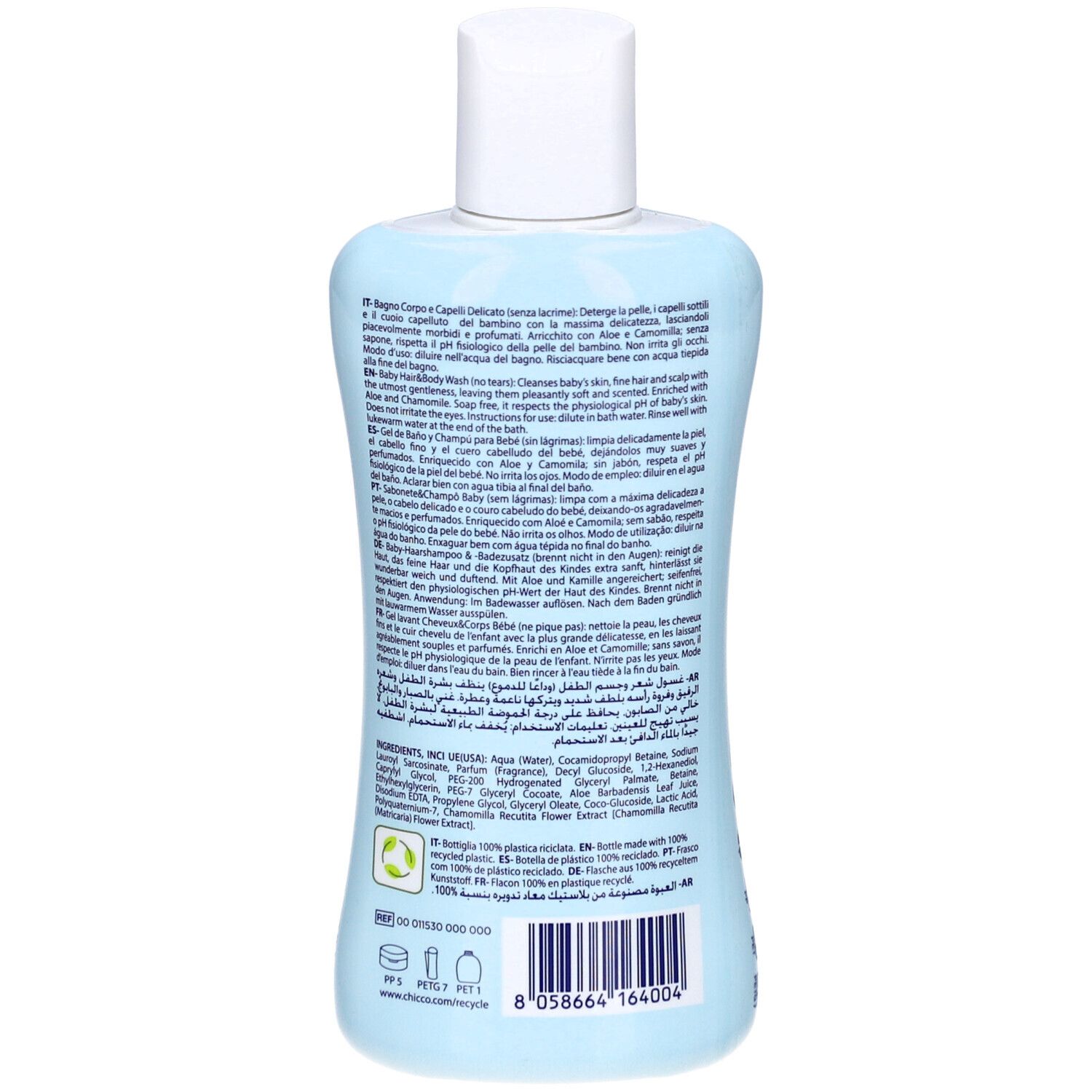 Rückseite einer hellblauen Flasche mit weißem Deckel. Text in mehreren Sprachen. Auflistung der Inhaltsstoffe und Recycling-Symbol.