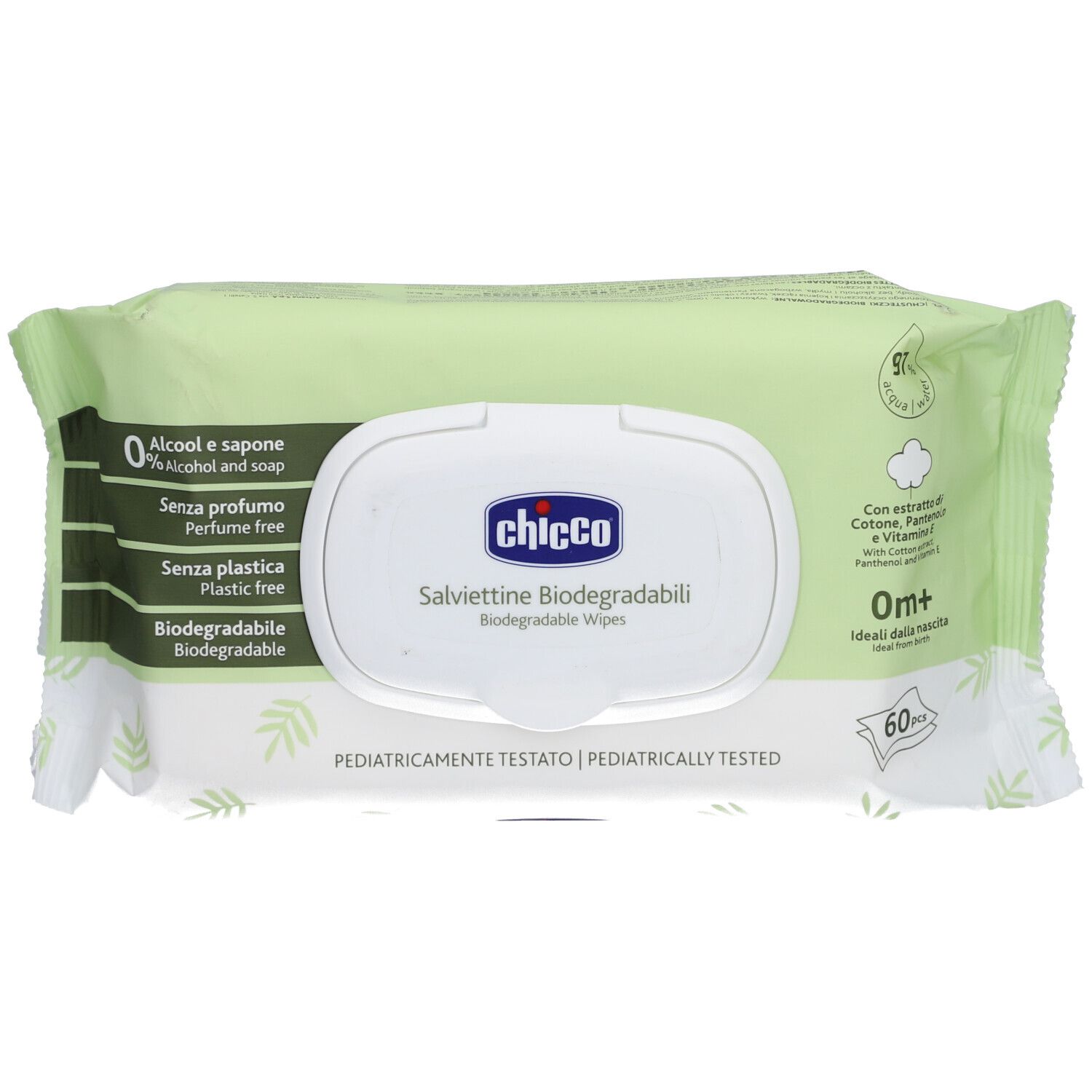 Paquet de lingettes Chicco® biodégradables. Emballage vert avec couvercle blanc. Inscription: Salviettine Biodegradabili. 60 pièces.
