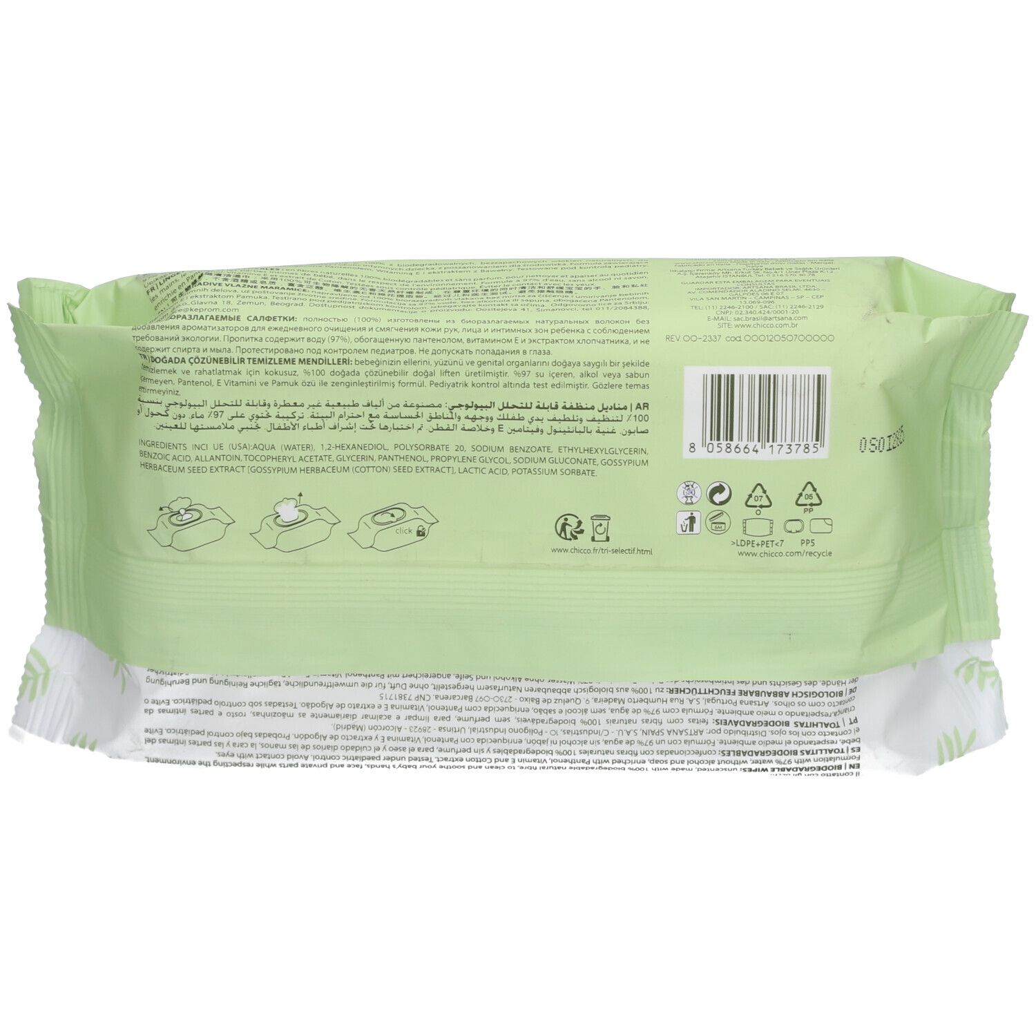 Dos du paquet de lingettes Chicco®. Emballage vert avec texte et symboles. Informations sur les ingrédients et le recyclage.