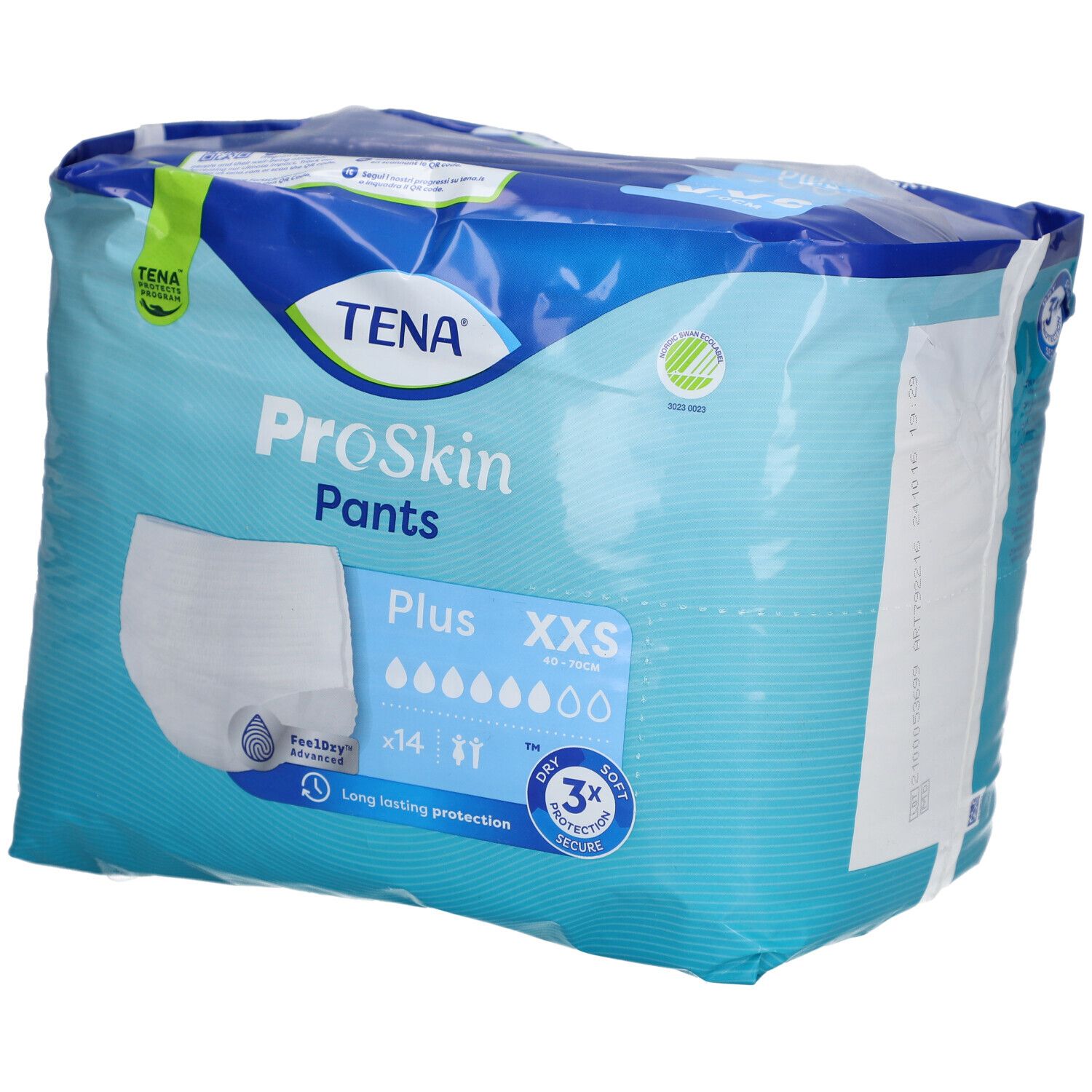 Paquet de TENA ProSkin Pants Plus XXS. Emballage bleu avec image du produit, informations sur la taille et l'absorption.