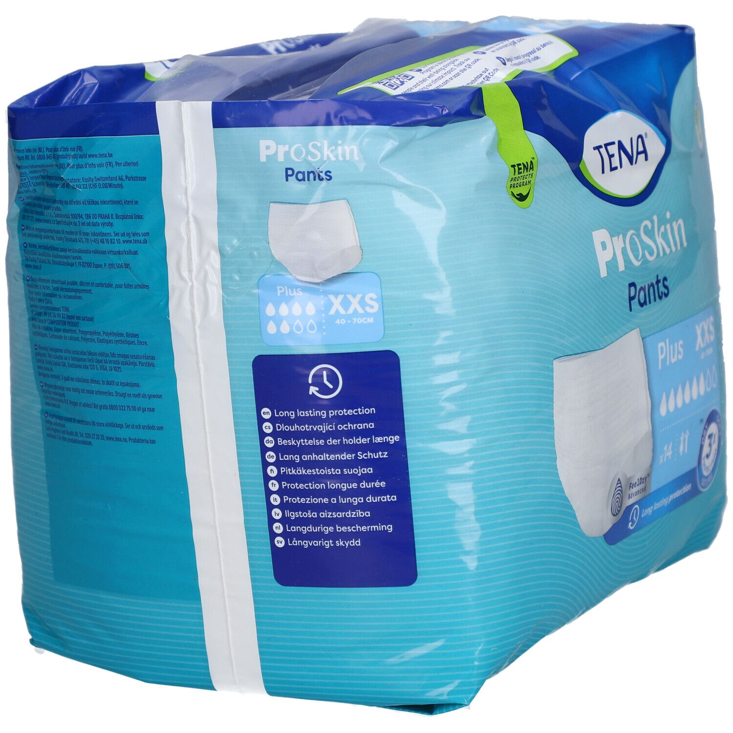 Paquet de TENA ProSkin Pants Plus XXS. Emballage bleu avec image du produit et texte en plusieurs langues.