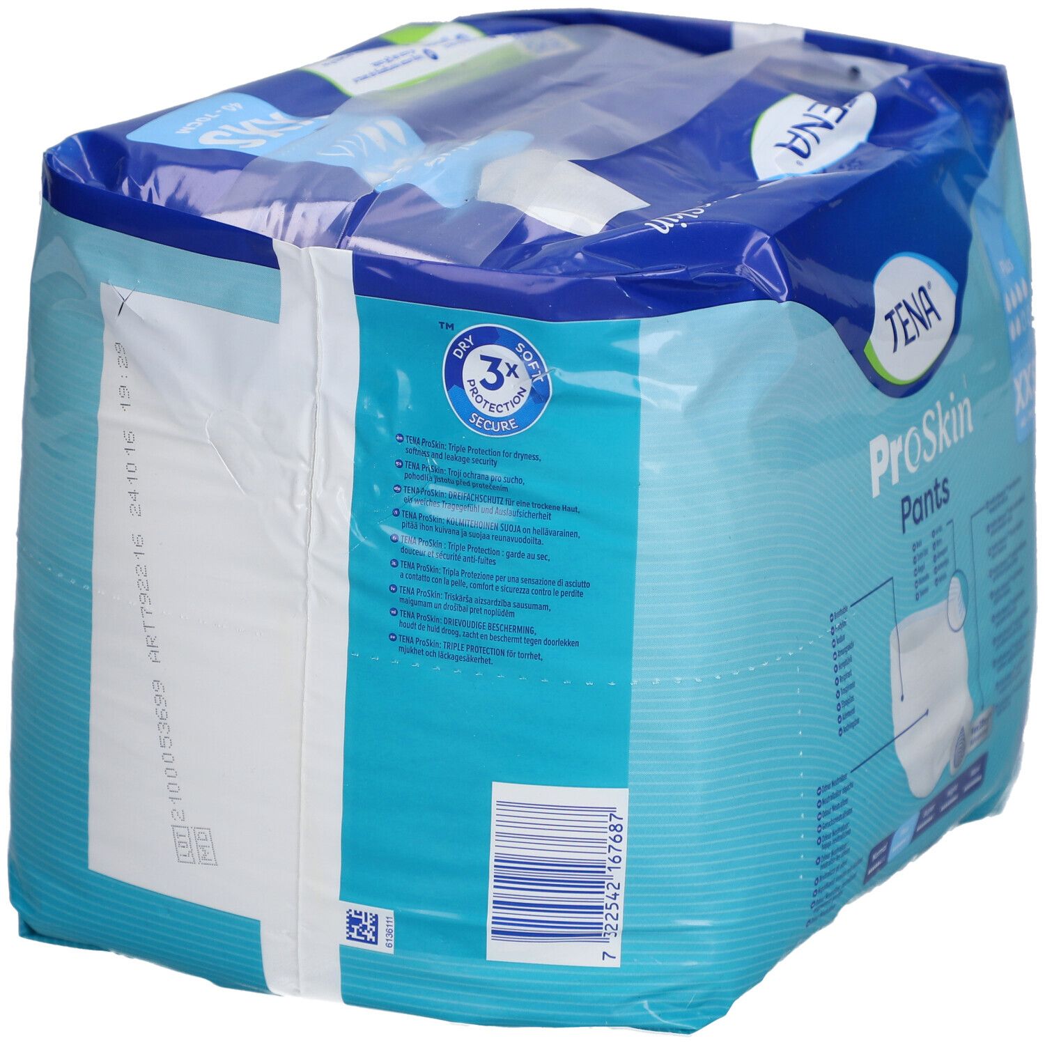Dos du paquet de TENA ProSkin Pants Plus XXS. Emballage bleu avec informations sur le produit et code-barres.