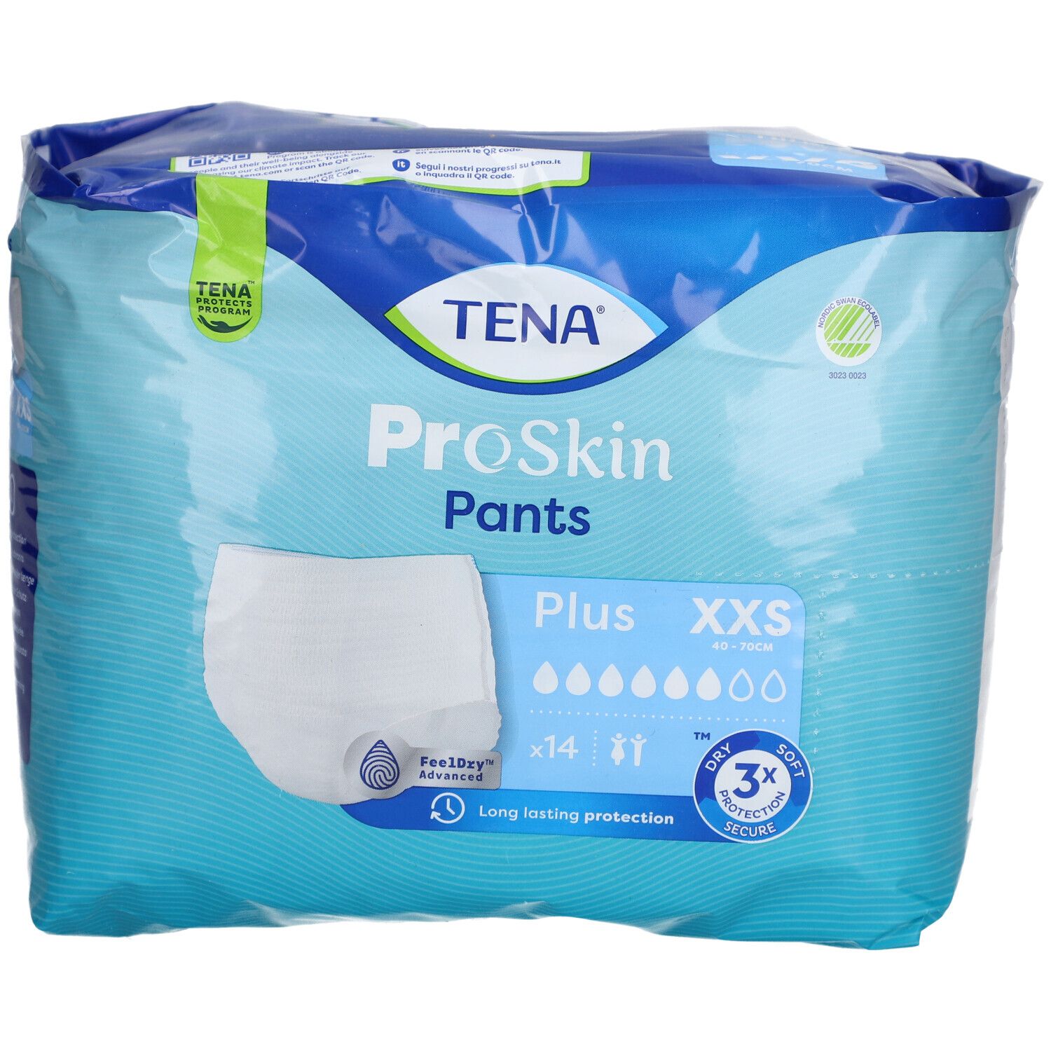 Paquet de TENA ProSkin Pants Plus XXS. Emballage bleu avec image du produit, absorption et taille.