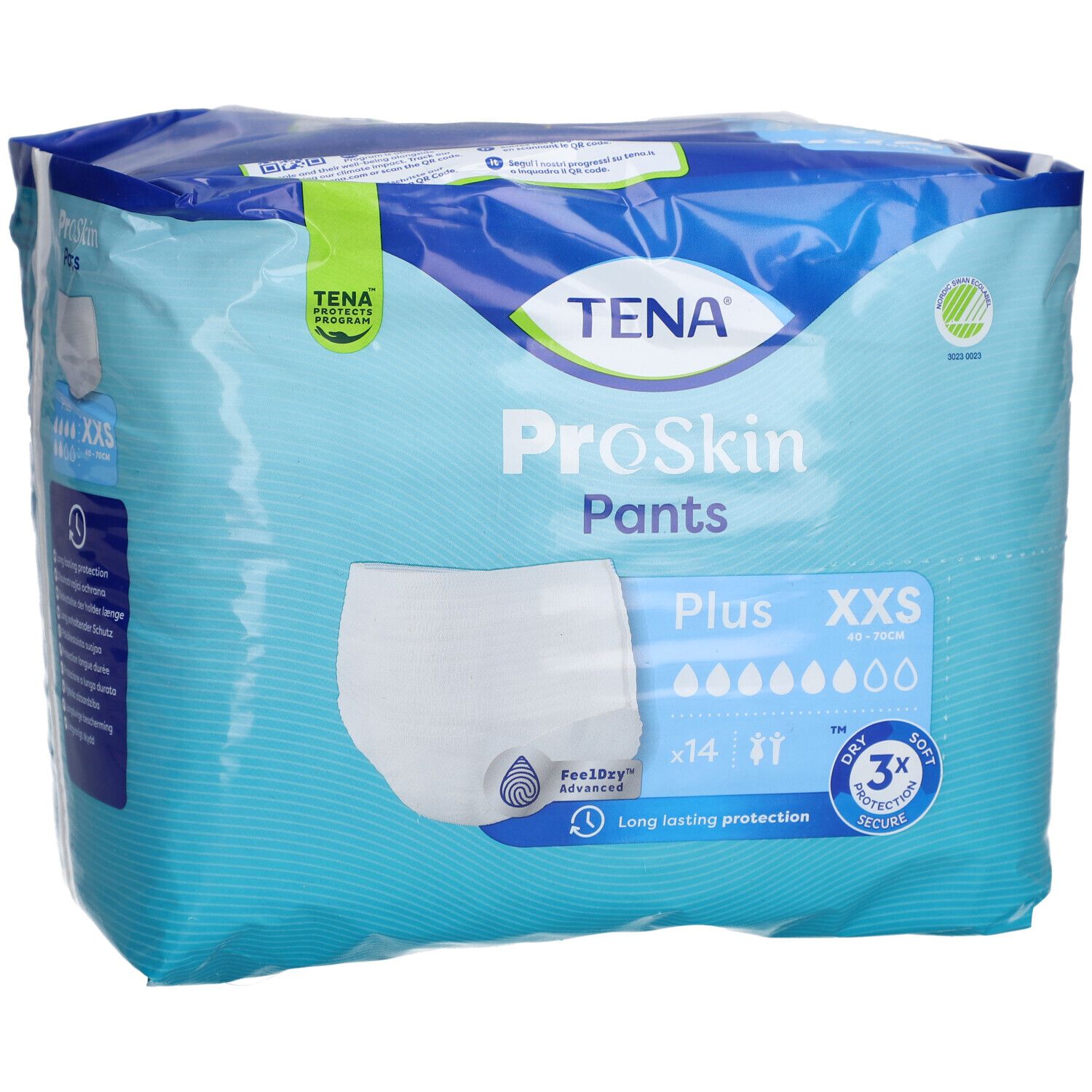Paquet de TENA ProSkin Pants Plus XXS. Emballage bleu avec image du produit, absorption et taille.