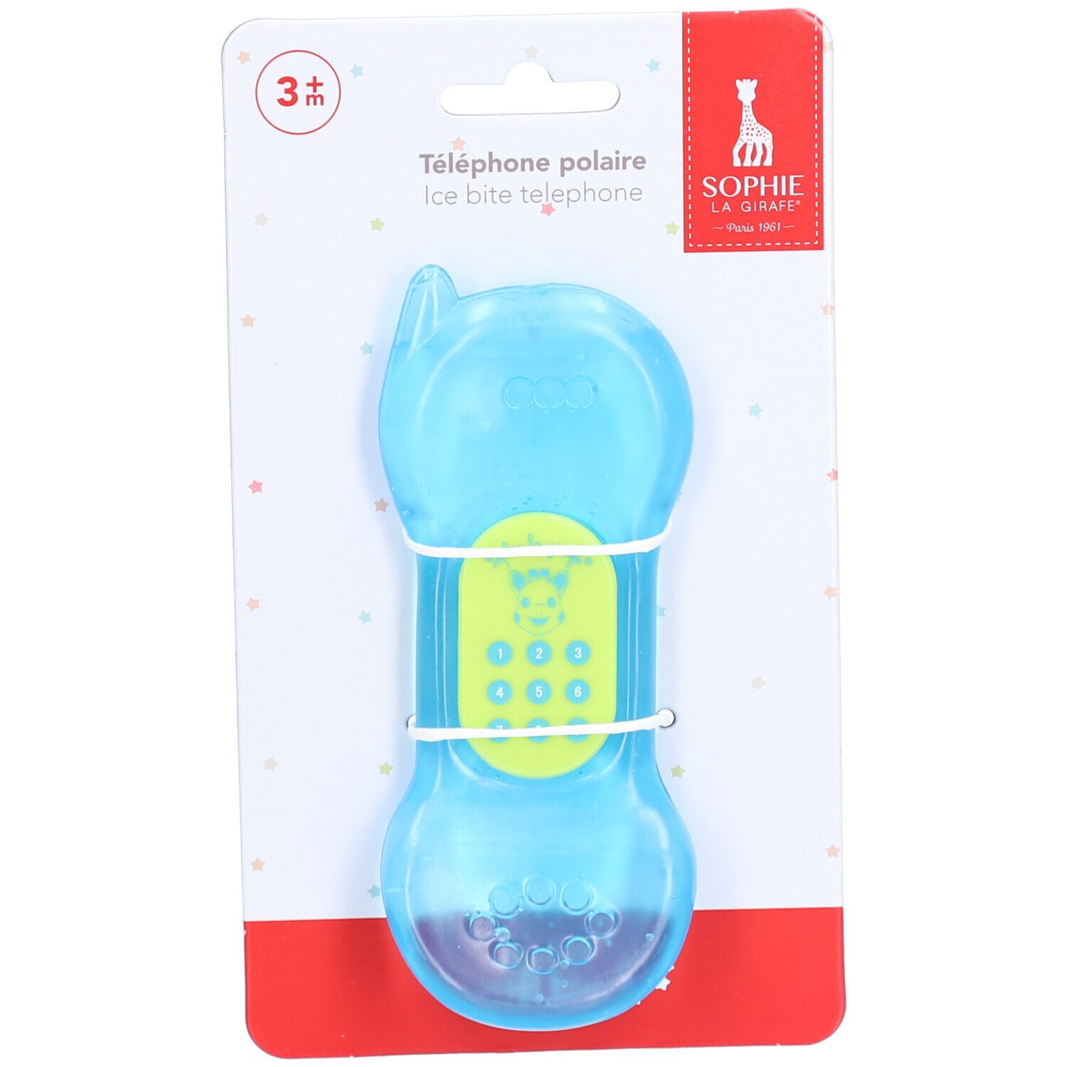 Anneau de dentition bleu en forme de téléphone, partie centrale jaune. Marque SOPHIE LA GIRAFE. Emballage 3m+.